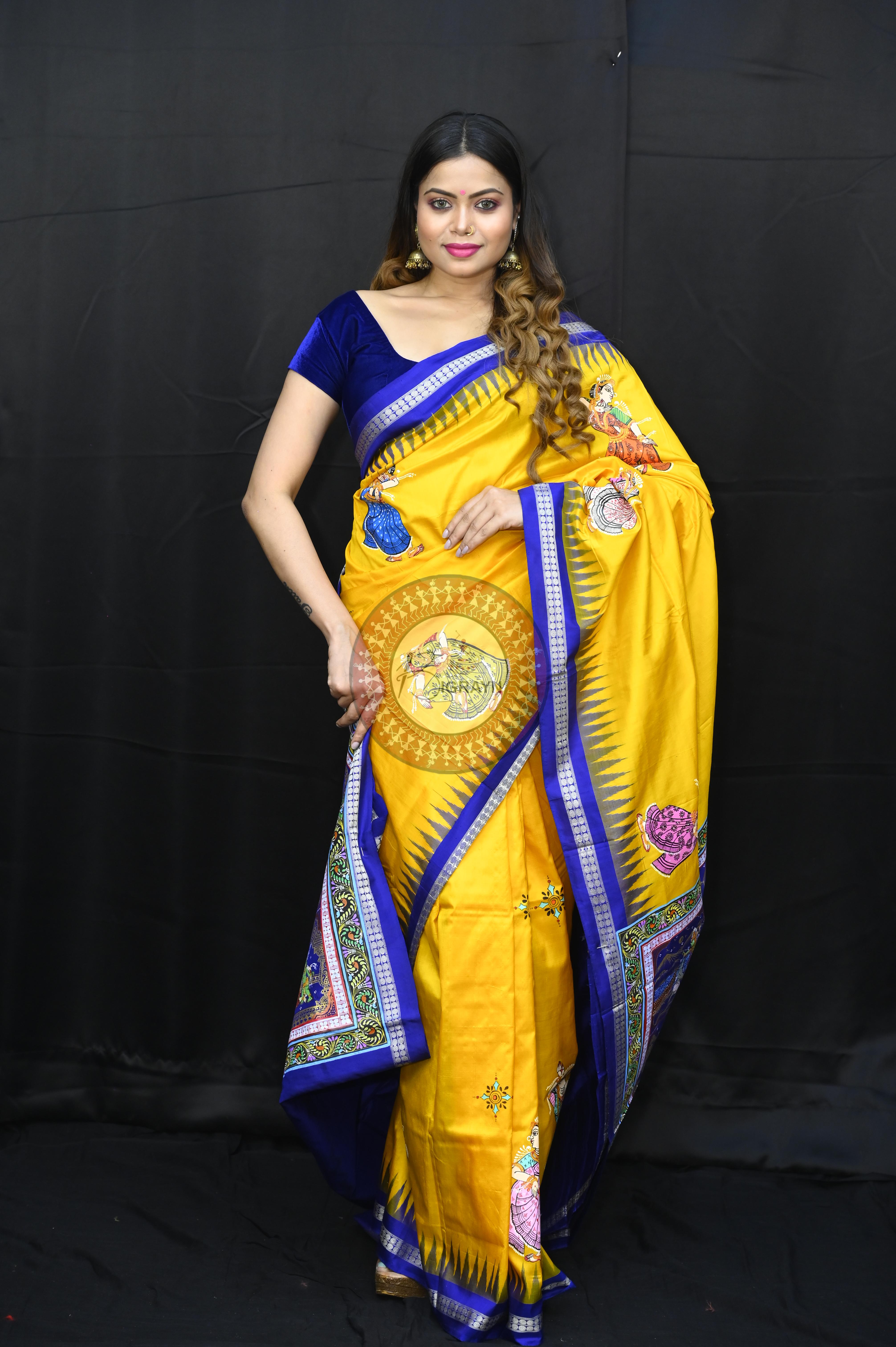 Yellow Blue Ramayana Story Theme Pattachitra Sambalpuri Silk Saree