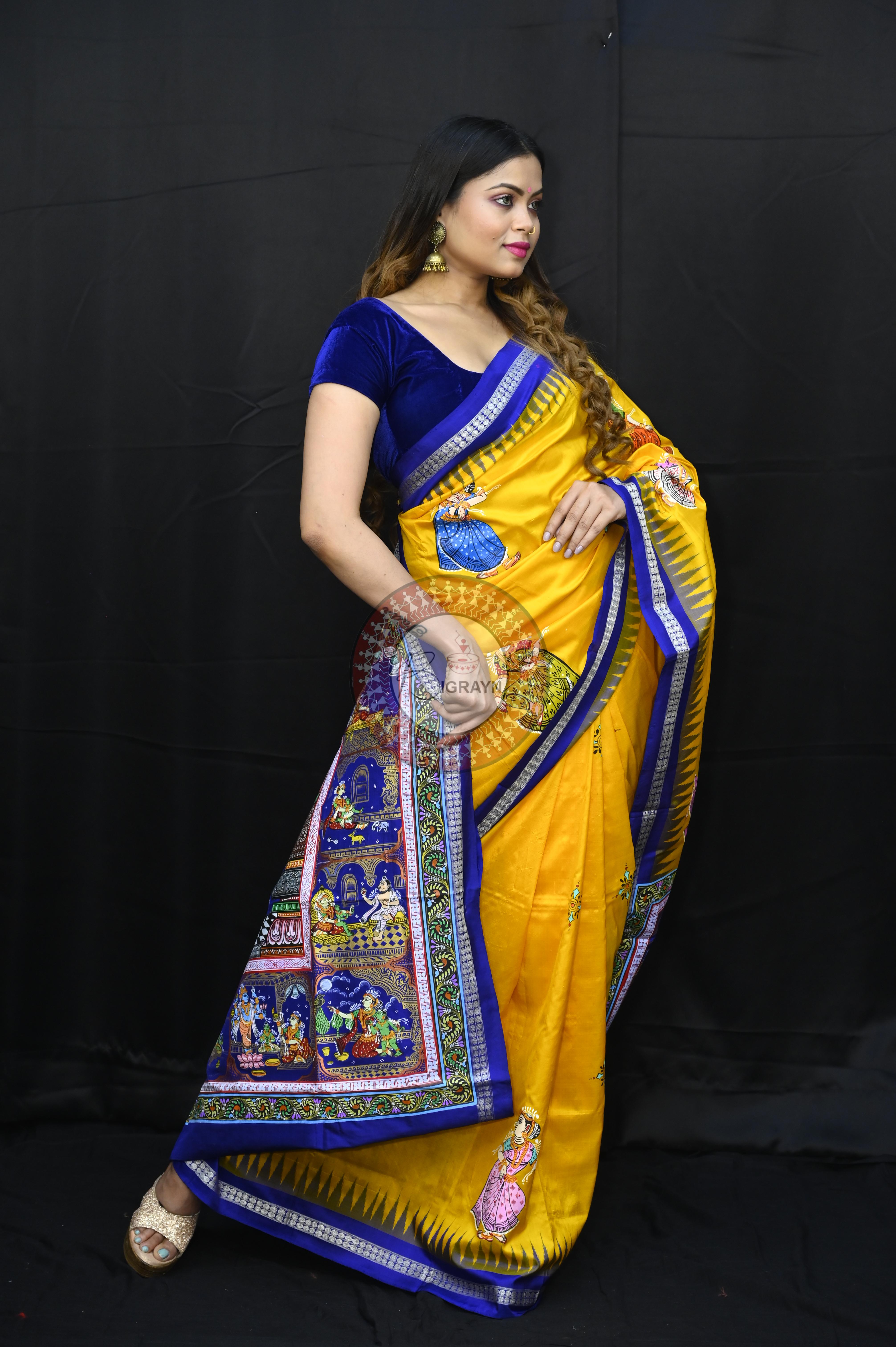 Yellow Blue Ramayana Story Theme Pattachitra Sambalpuri Silk Saree