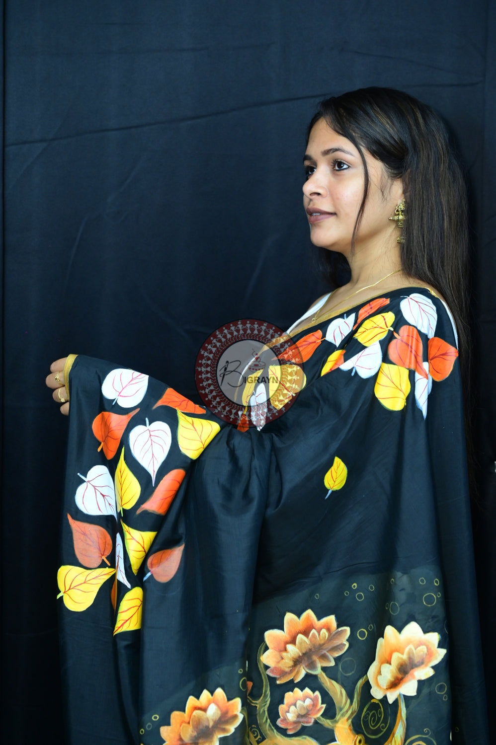 Black Buddha Theme Pattachitra Silk Saree