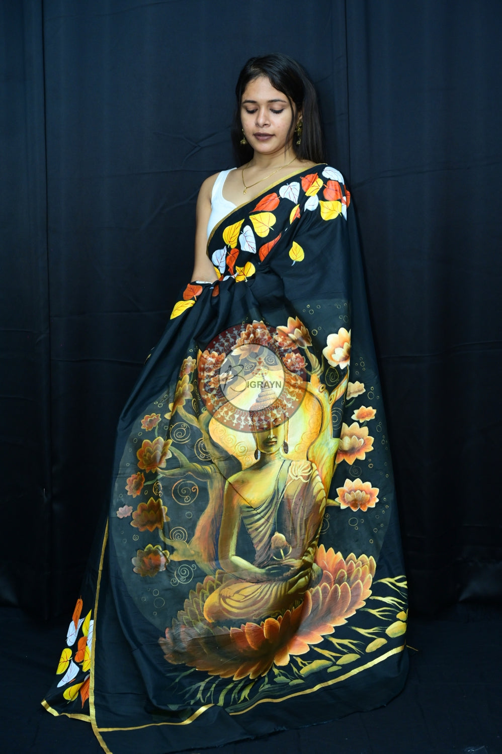 Black Buddha Theme Pattachitra Silk Saree