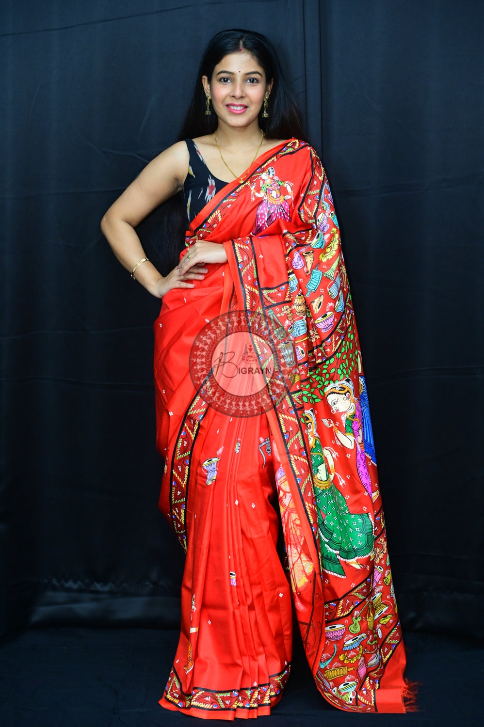 Red Odissi Dancers Pattachitra Silk Saree