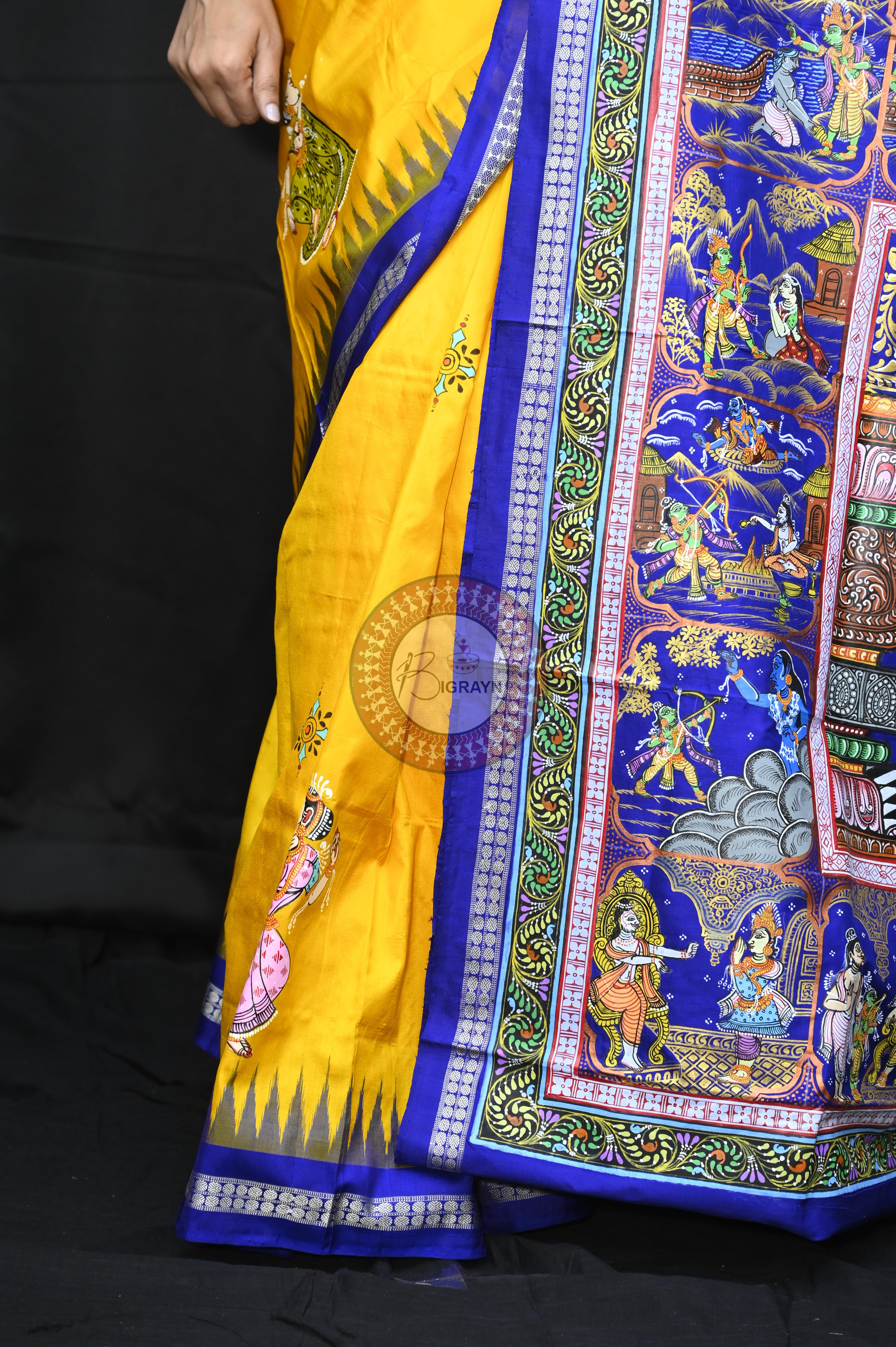 Yellow Blue Ramayana Story Theme Pattachitra Sambalpuri Silk Saree