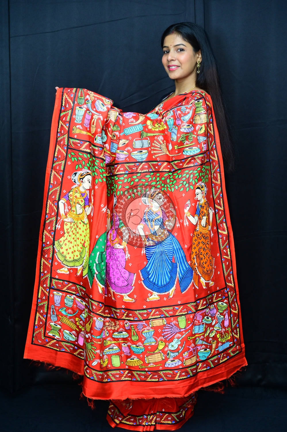 Red Odissi Dancers Pattachitra Silk Saree