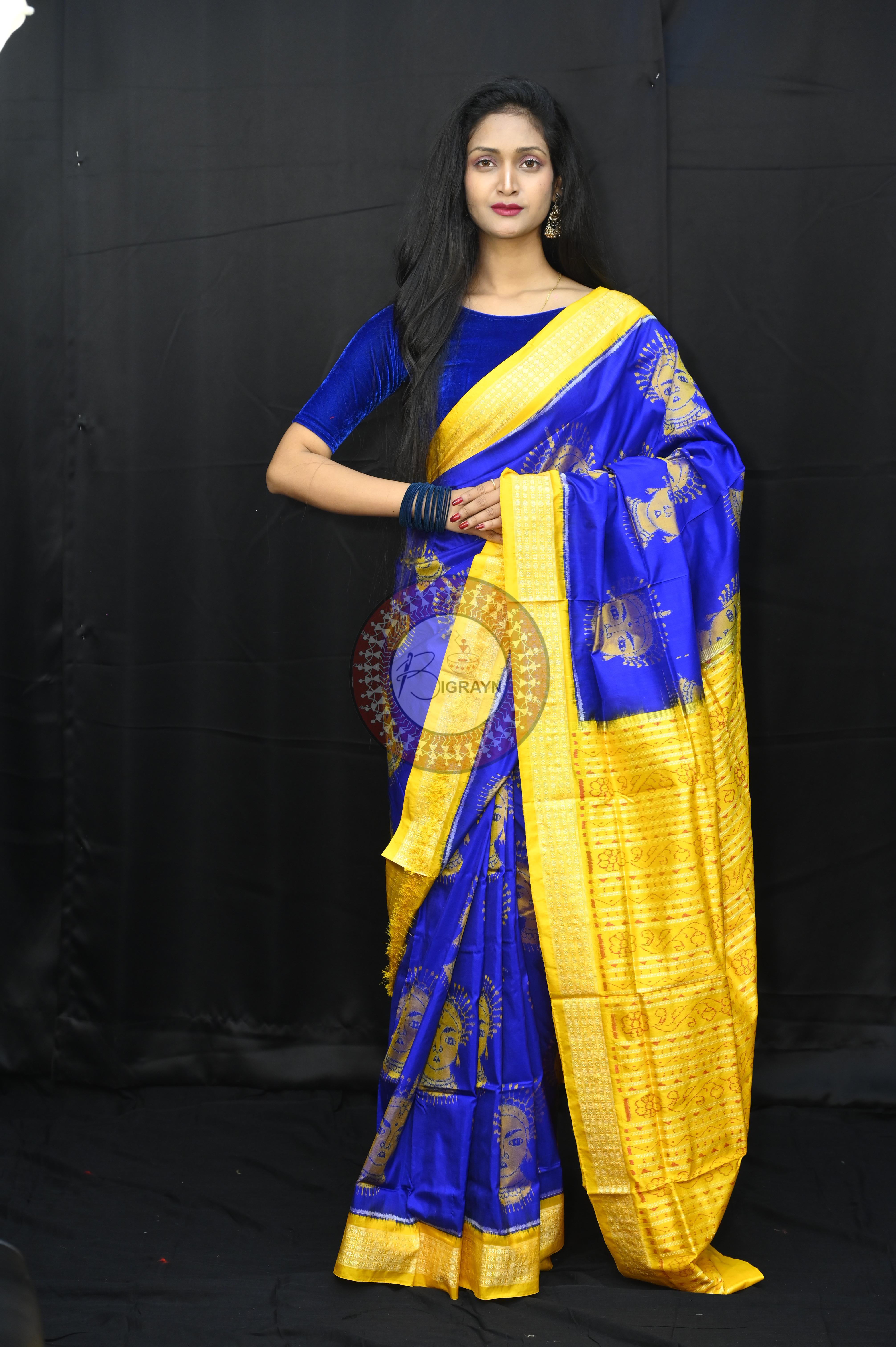 Blue Yellow Odishi Face Sambalpuri Silk Saree
