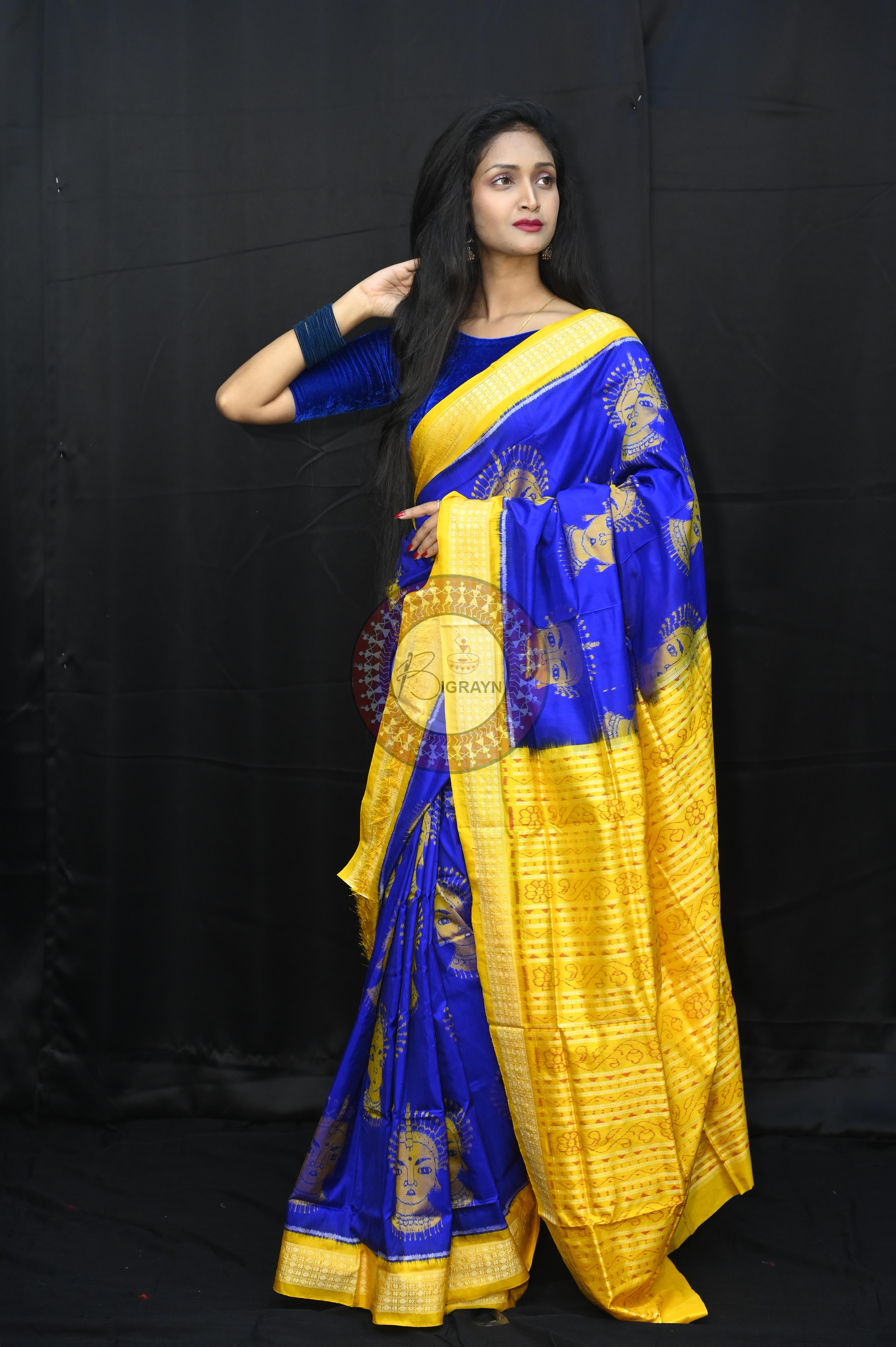 Blue Yellow Odishi Face Sambalpuri Silk Saree