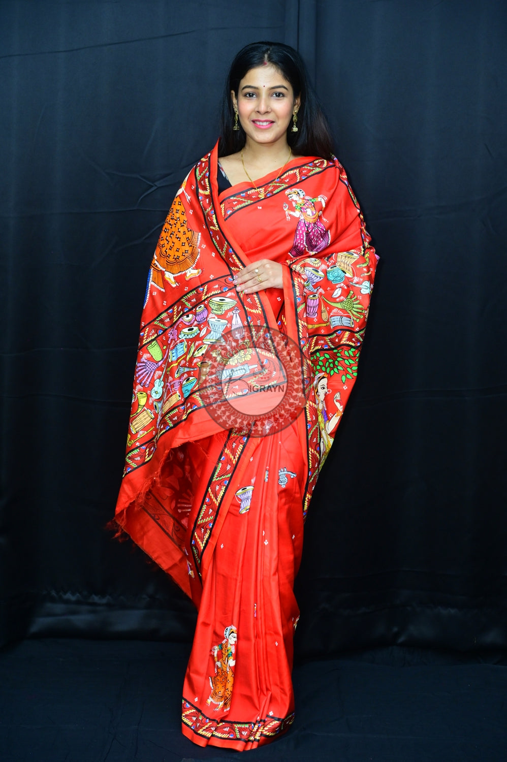 Red Odissi Dancers Pattachitra Silk Saree