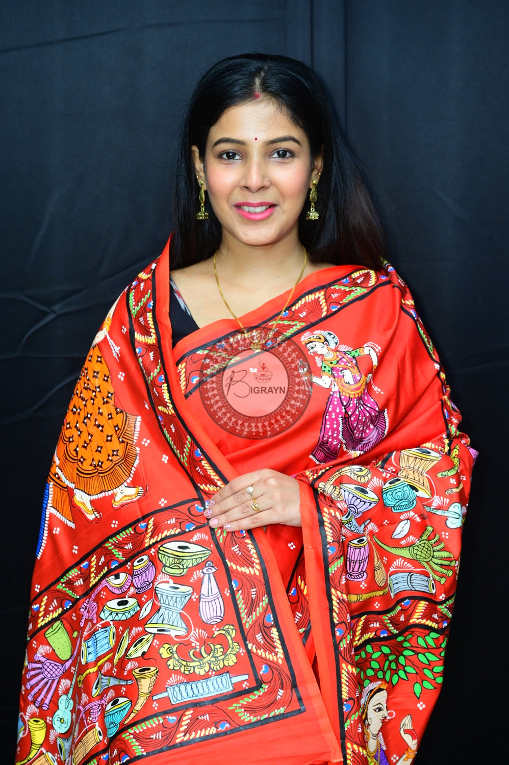 Red Odissi Dancers Pattachitra Silk Saree