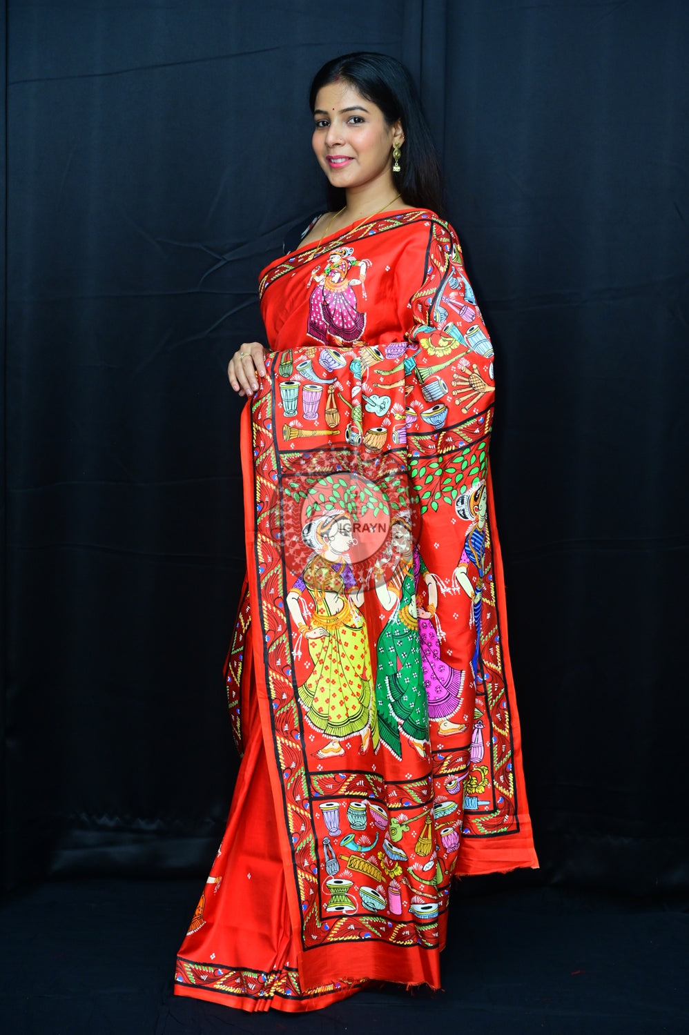 Red Odissi Dancers Pattachitra Silk Saree