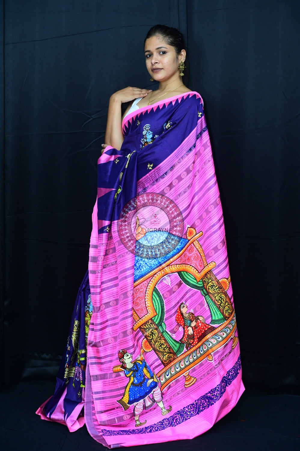 Blue Pink Phoda Kumbha Sambalpuri Pattachitra Silk Saree