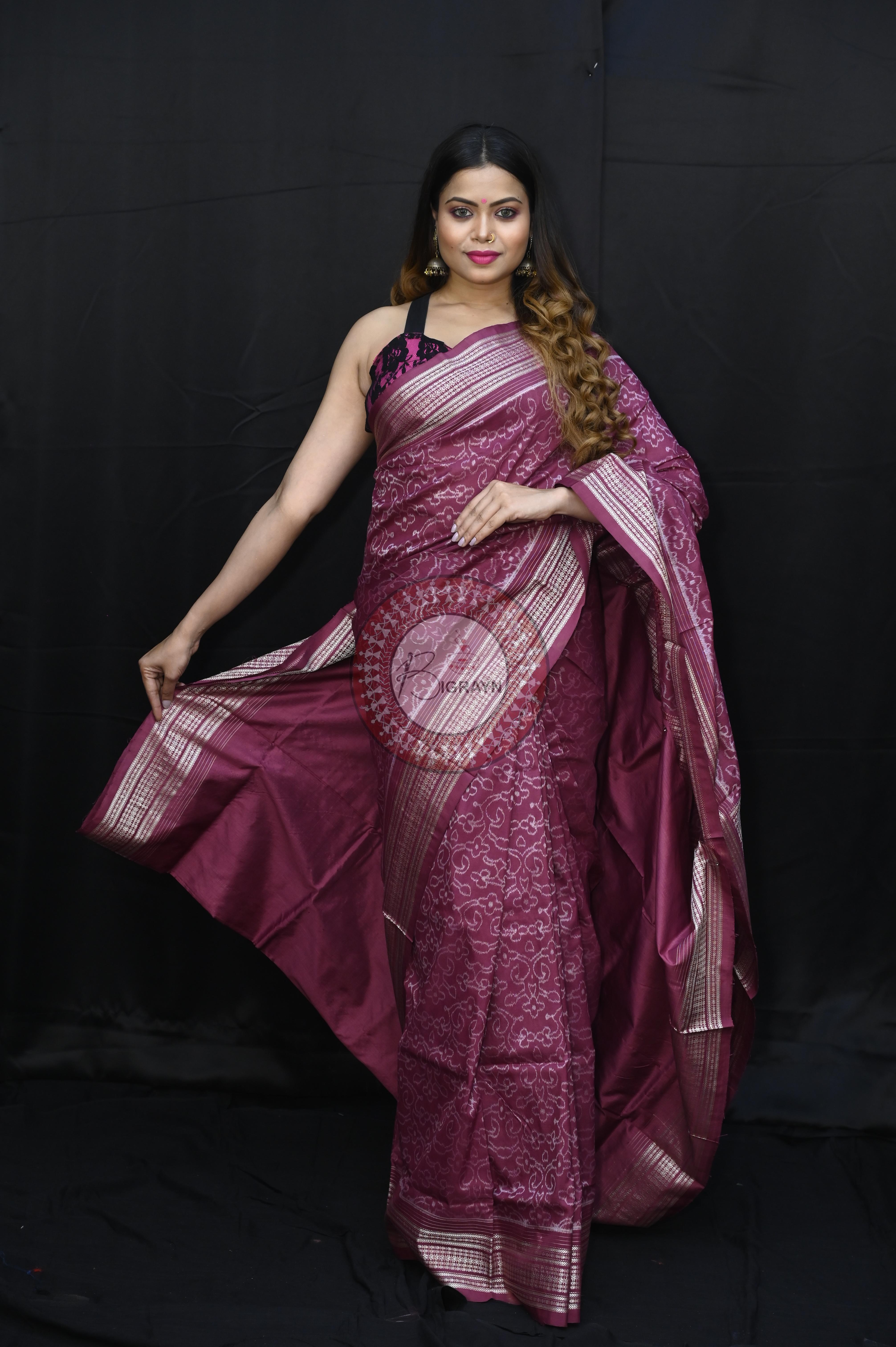 Magenta Lakha Dye Flower Design Natural Dye Silk Saree