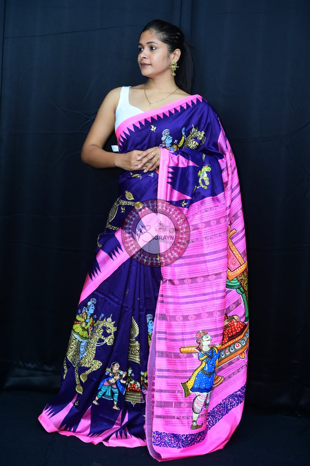 Blue Pink Phoda Kumbha Sambalpuri Pattachitra Silk Saree