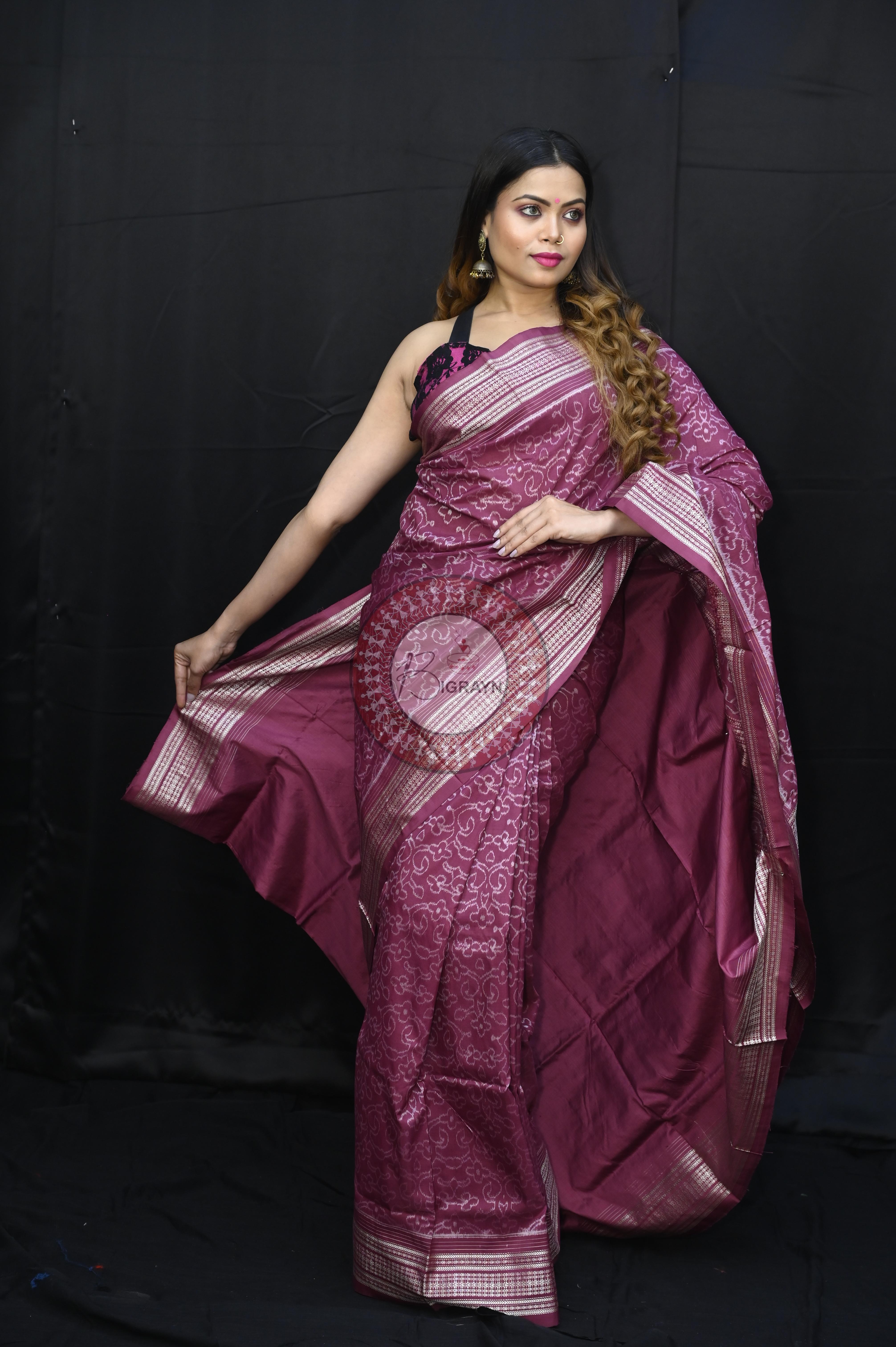 Magenta Lakha Dye Flower Design Natural Dye Silk Saree