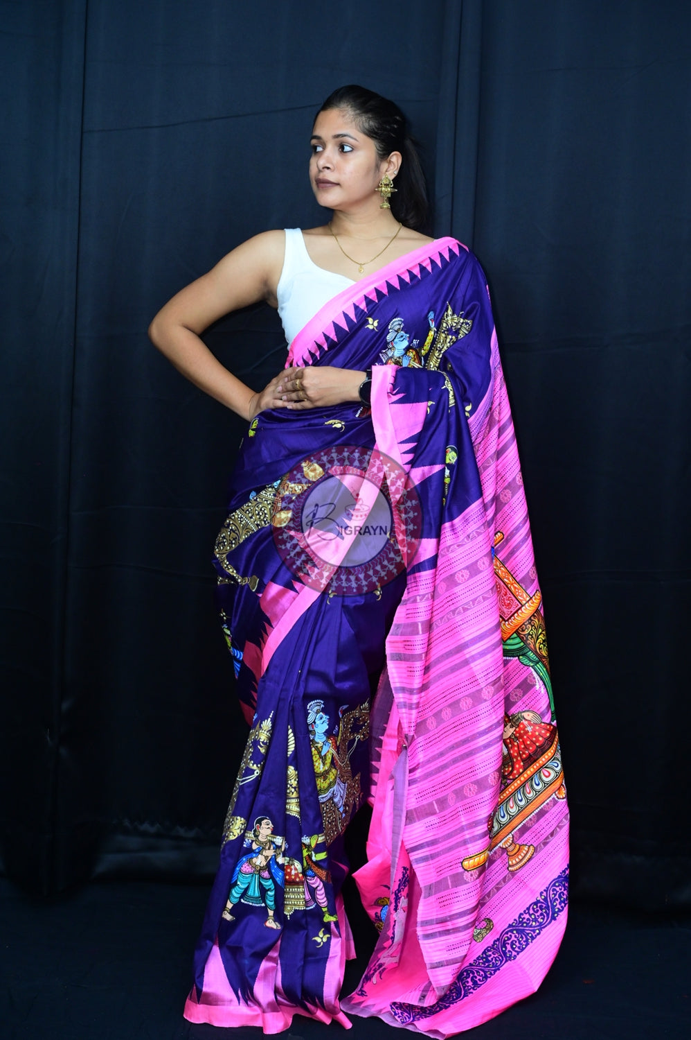 Blue Pink Phoda Kumbha Sambalpuri Pattachitra Silk Saree