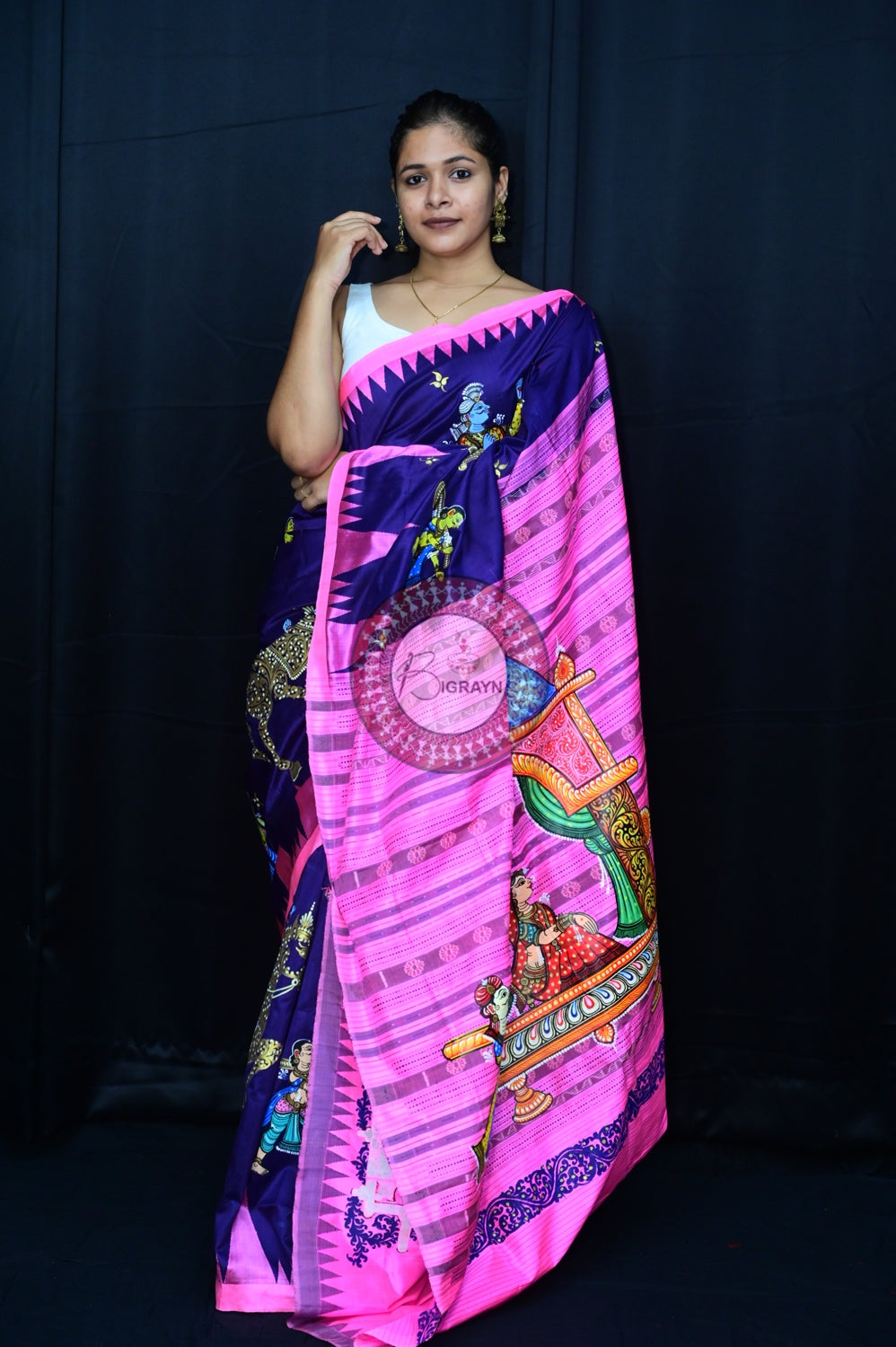 Blue Pink Phoda Kumbha Sambalpuri Pattachitra Silk Saree