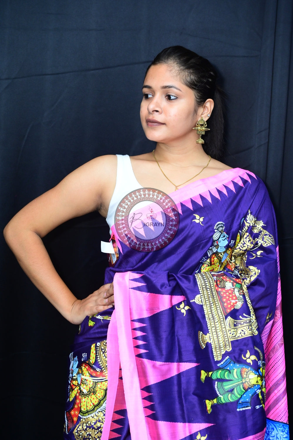 Blue Pink Phoda Kumbha Sambalpuri Pattachitra Silk Saree