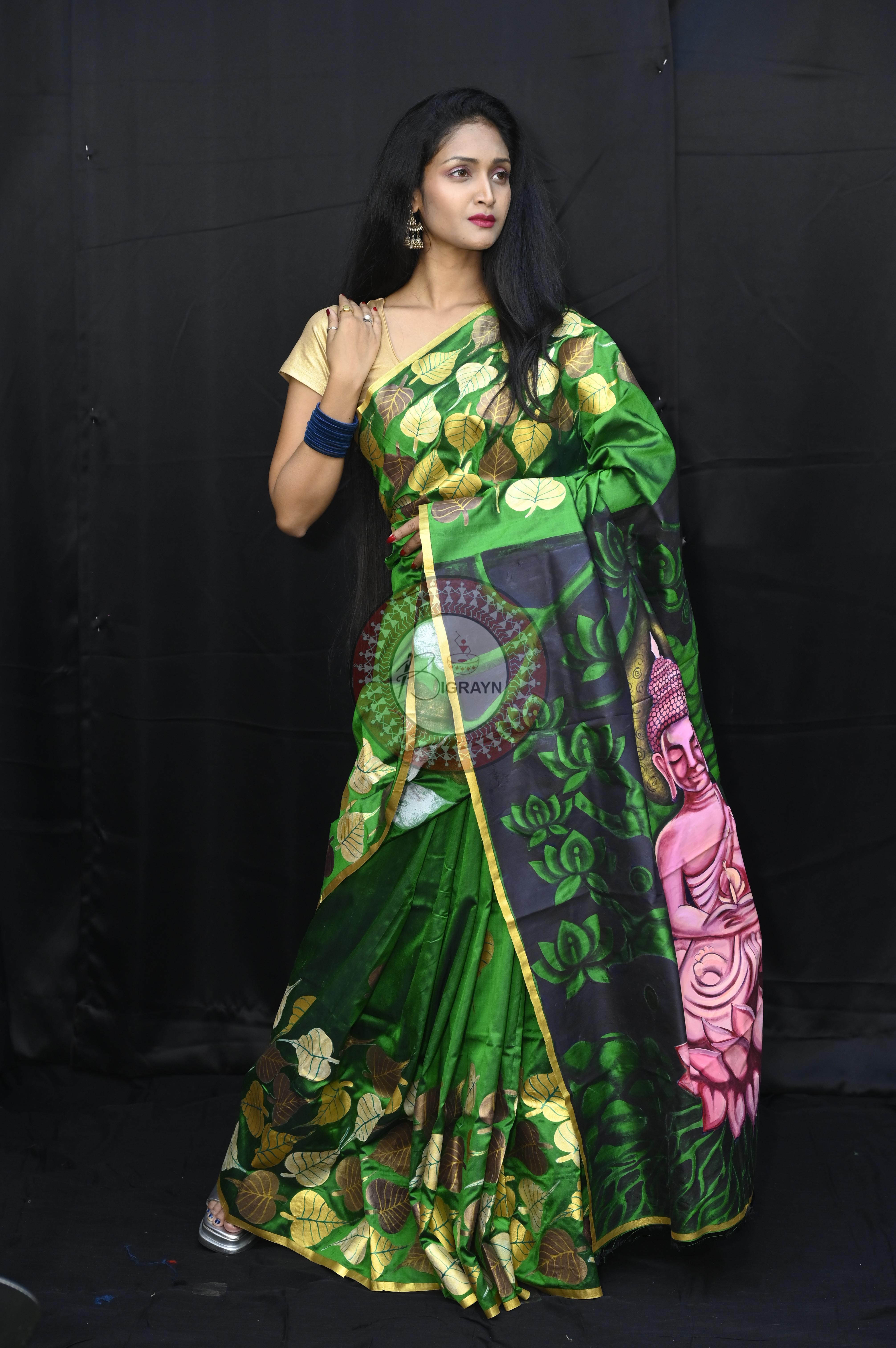Green Buddha Theme Pattachitra Sambalpuri Silk Saree
