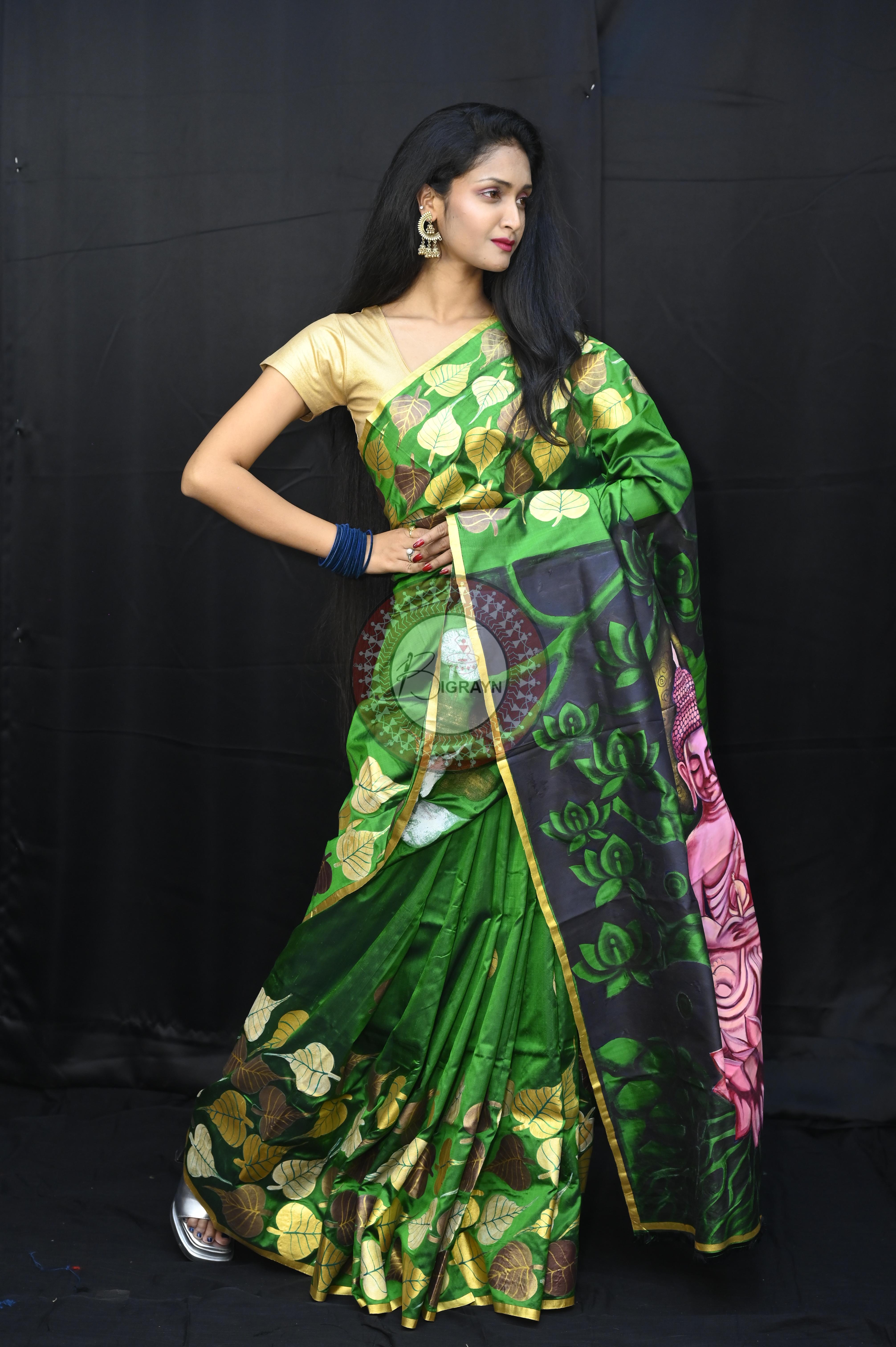 Green Buddha Theme Pattachitra Sambalpuri Silk Saree