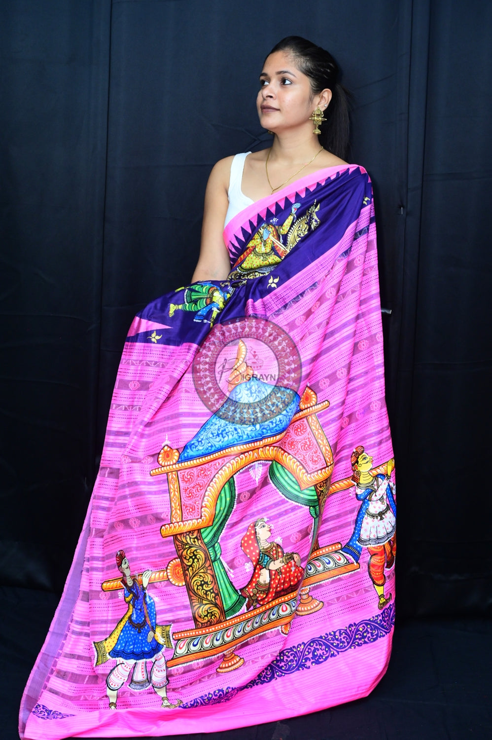 Blue Pink Phoda Kumbha Sambalpuri Pattachitra Silk Saree