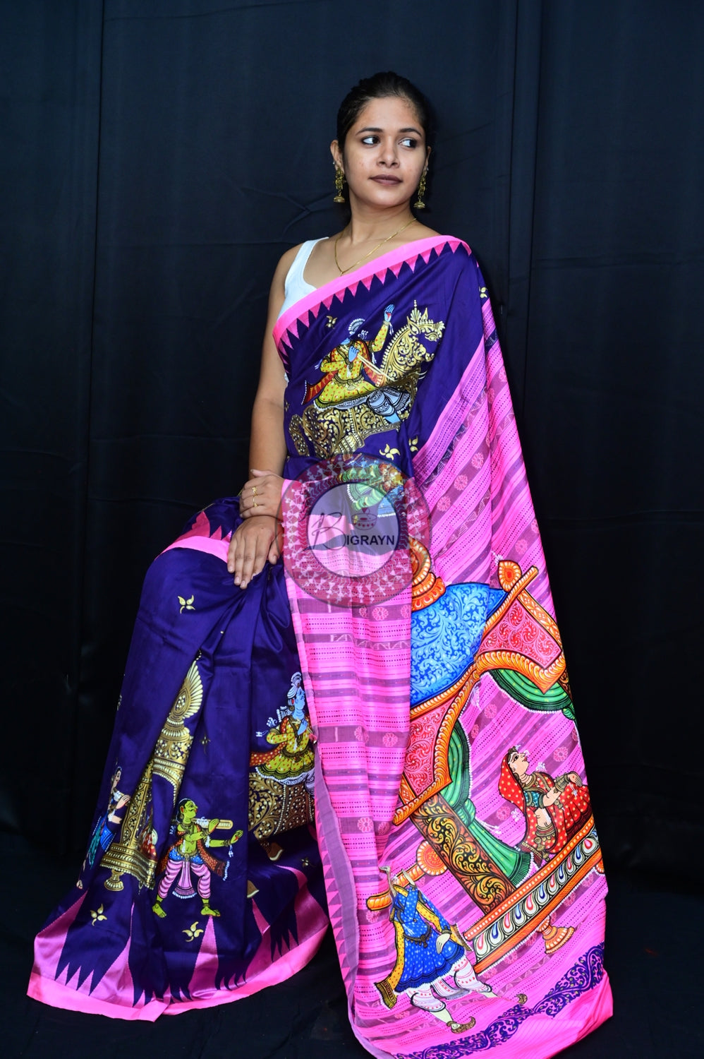 Blue Pink Phoda Kumbha Sambalpuri Pattachitra Silk Saree