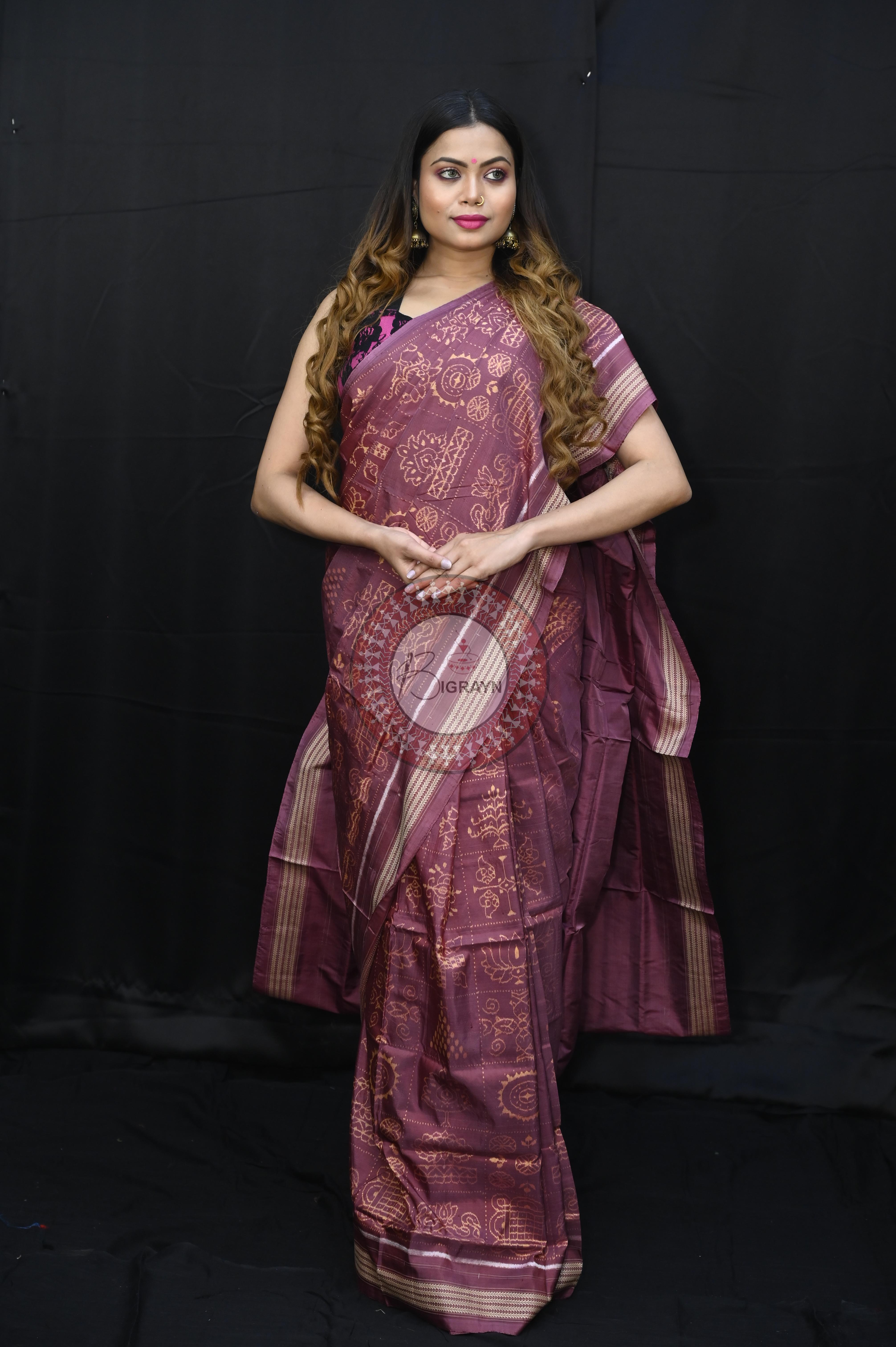 Onion Pink Nabakothi Design Natural Dye Sambalpuri Silk Saree