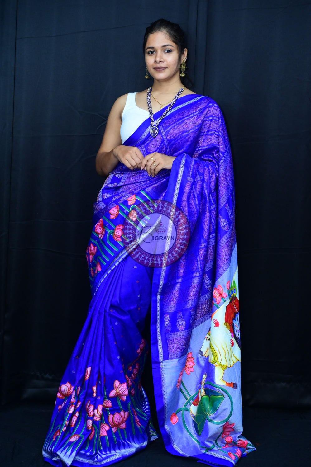 Blue Krishna Pichwai Art Sambalpuri Silk Saree
