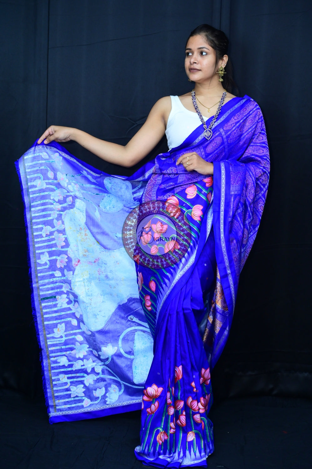 Blue Krishna Pichwai Art Sambalpuri Silk Saree