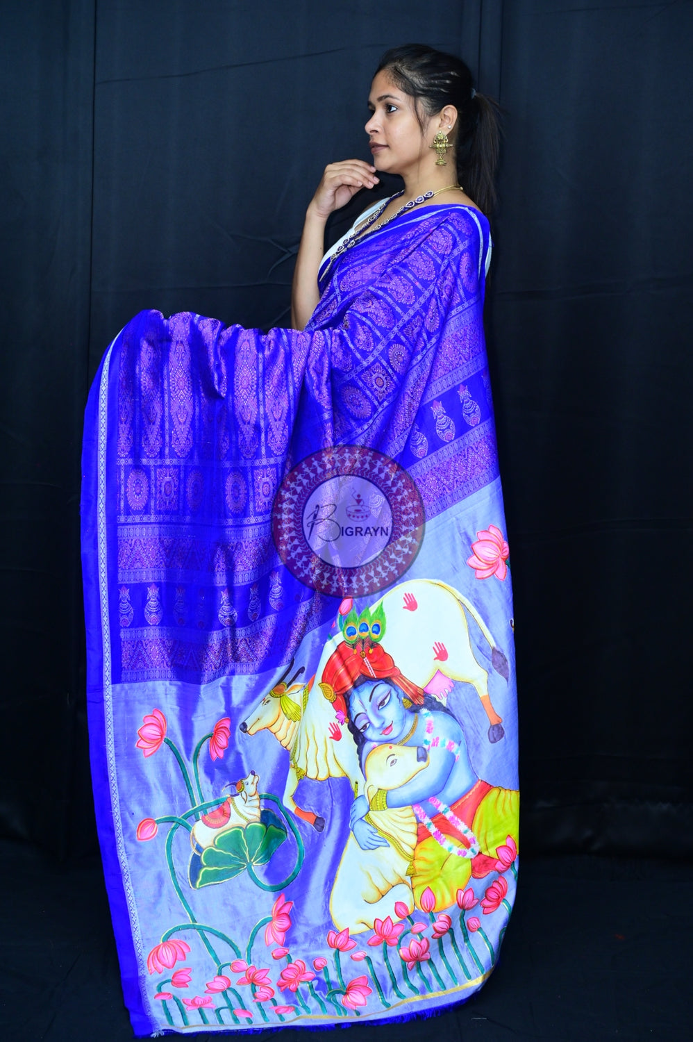 Blue Krishna Pichwai Art Sambalpuri Silk Saree