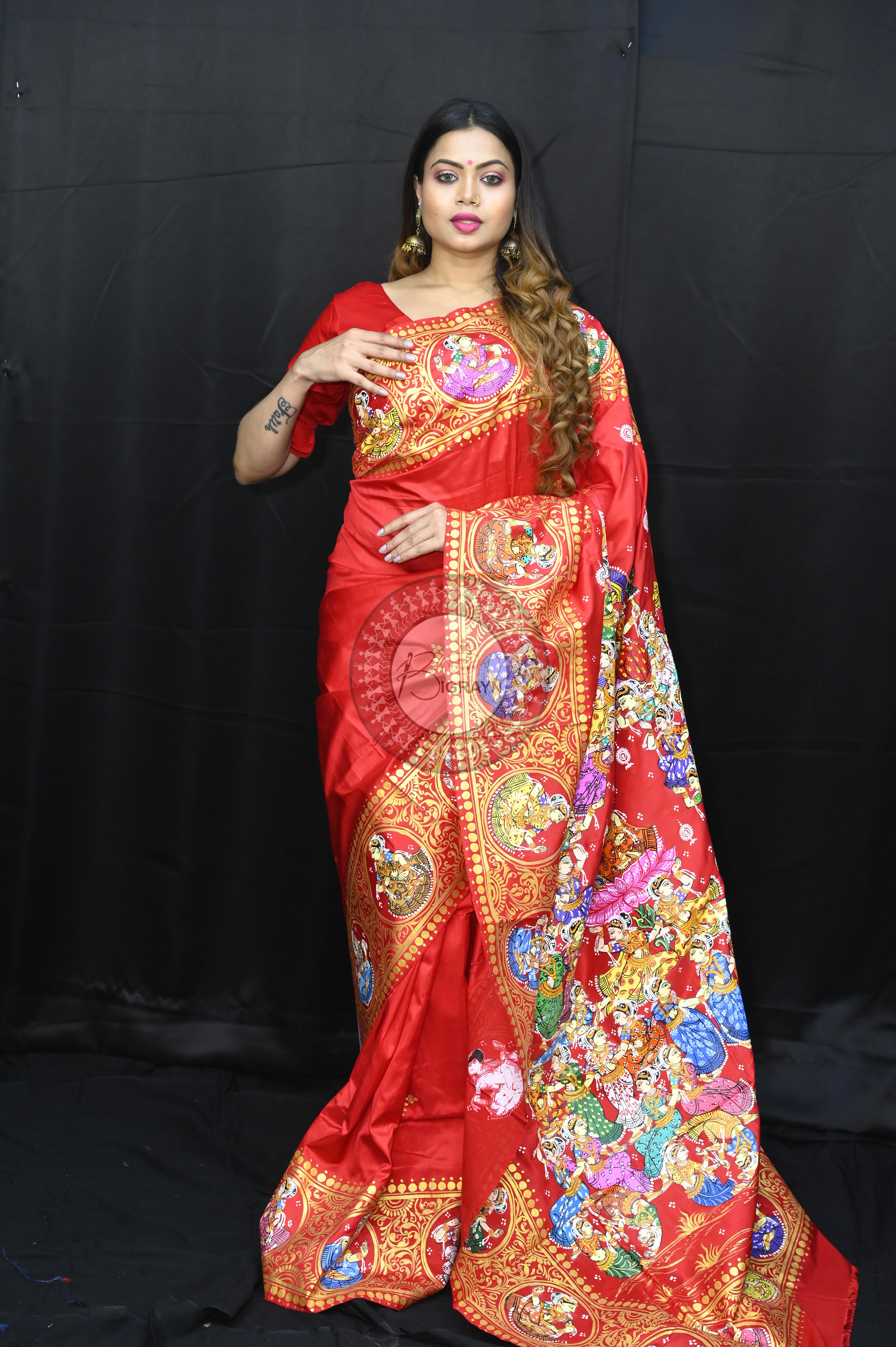 Red Kandarp Ratha Theme Pattachitra Sambalpuri Silk Saree
