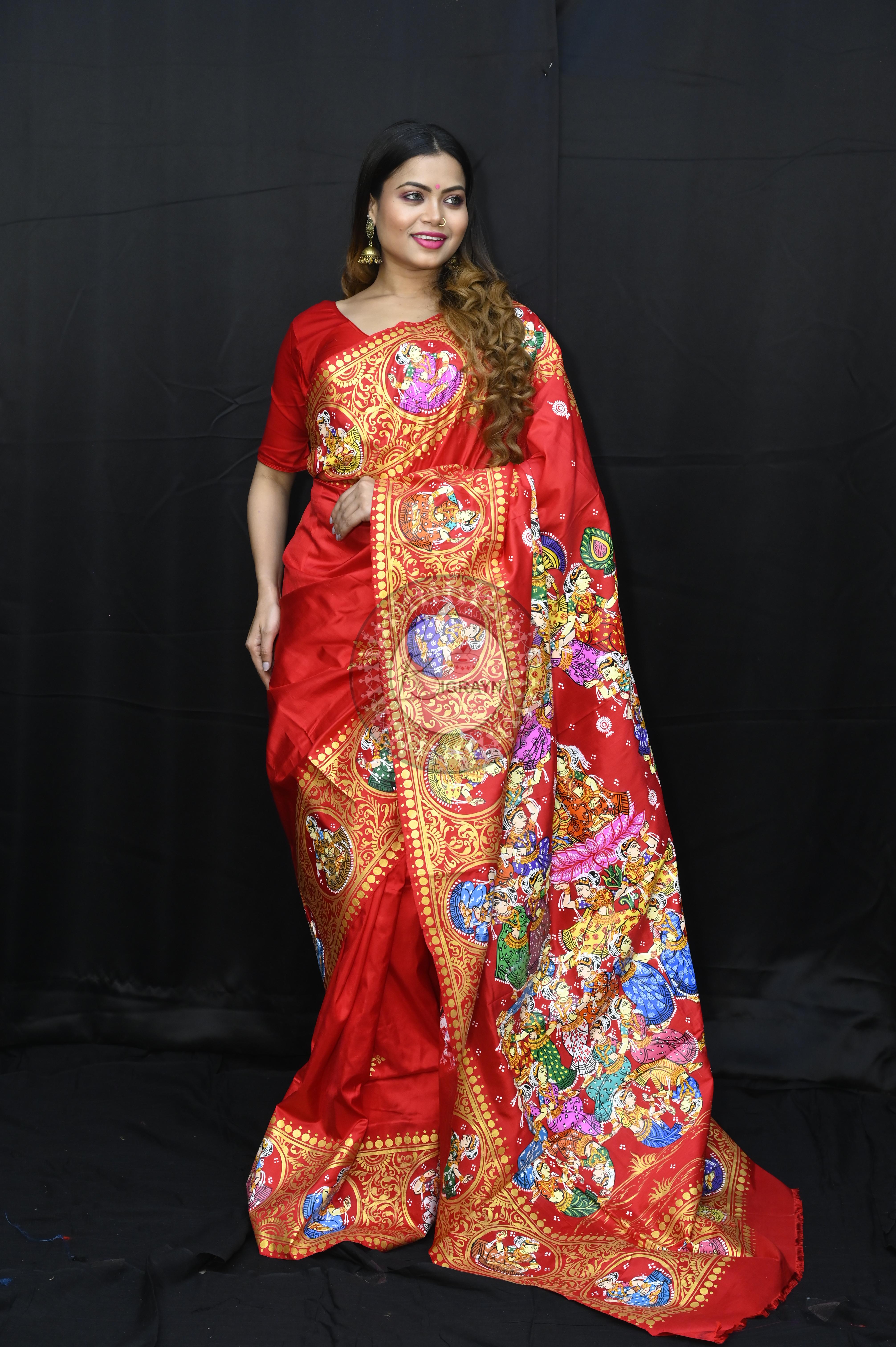 Red Kandarp Ratha Theme Pattachitra Sambalpuri Silk Saree