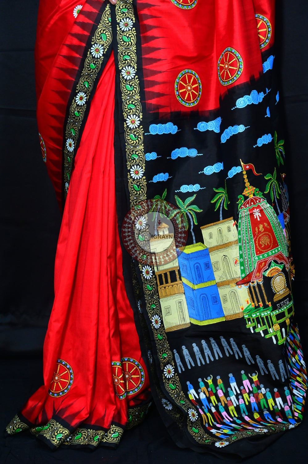 Red Black Rath Yatra Pattachitra Silk Saree
