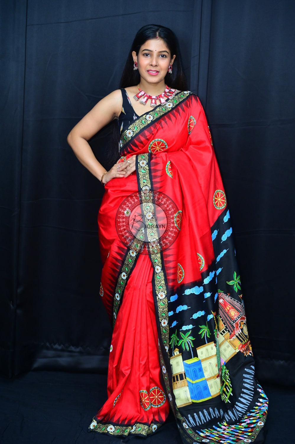 Red Black Rath Yatra Pattachitra Silk Saree