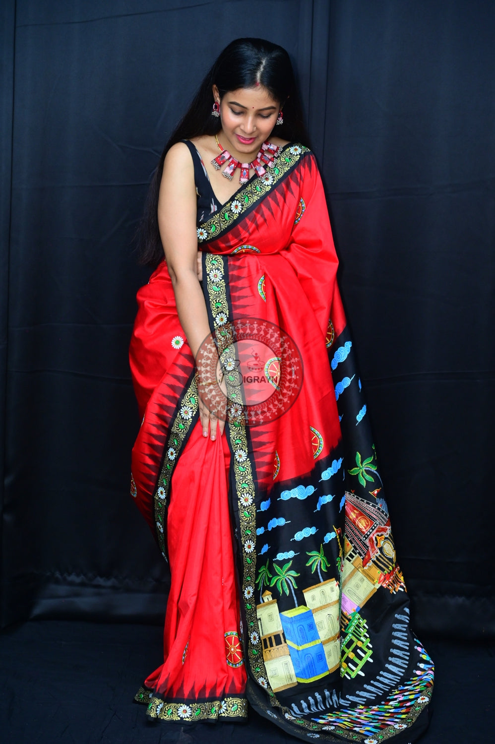 Red Black Rath Yatra Pattachitra Silk Saree