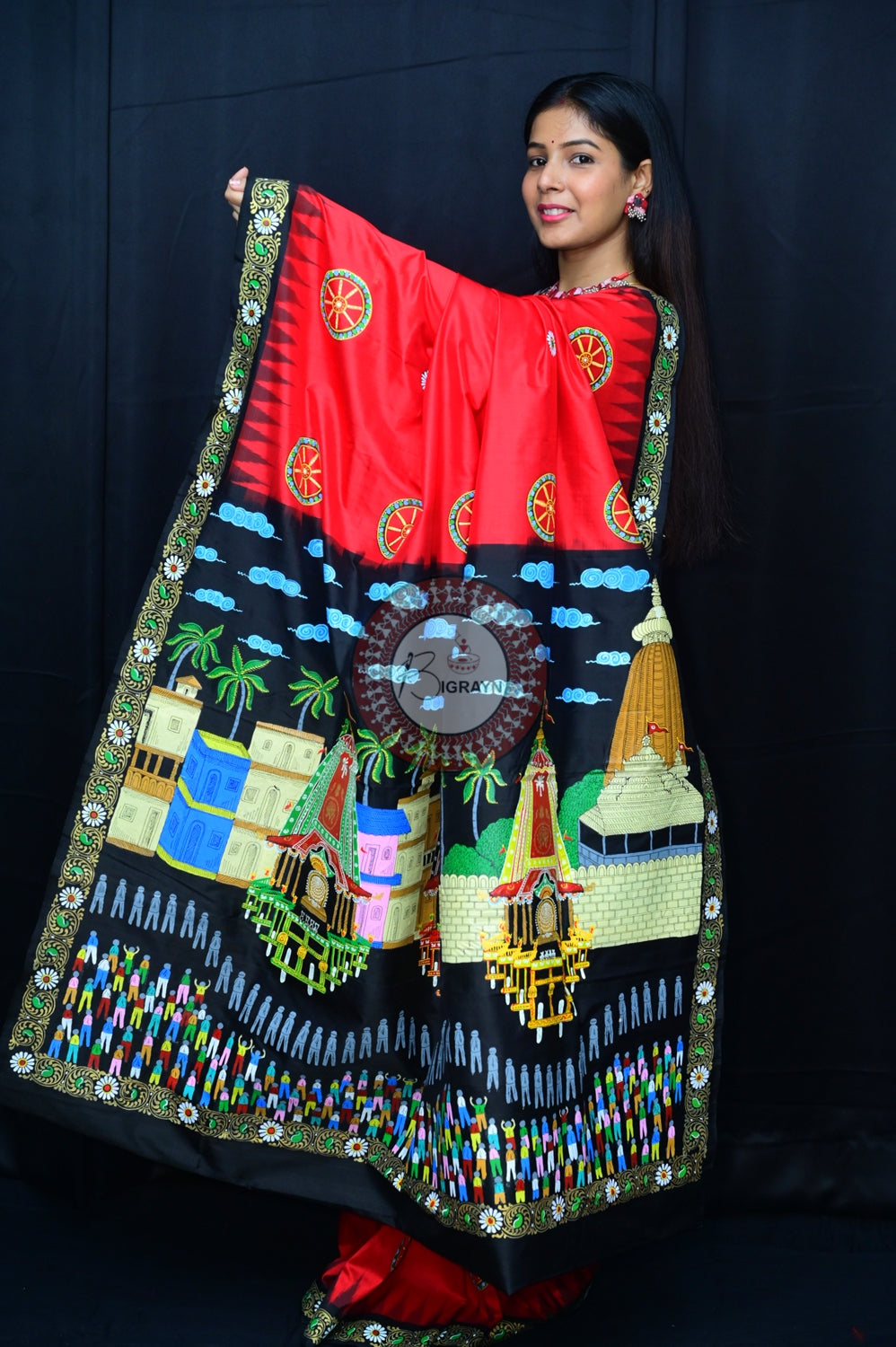 Red Black Rath Yatra Pattachitra Silk Saree