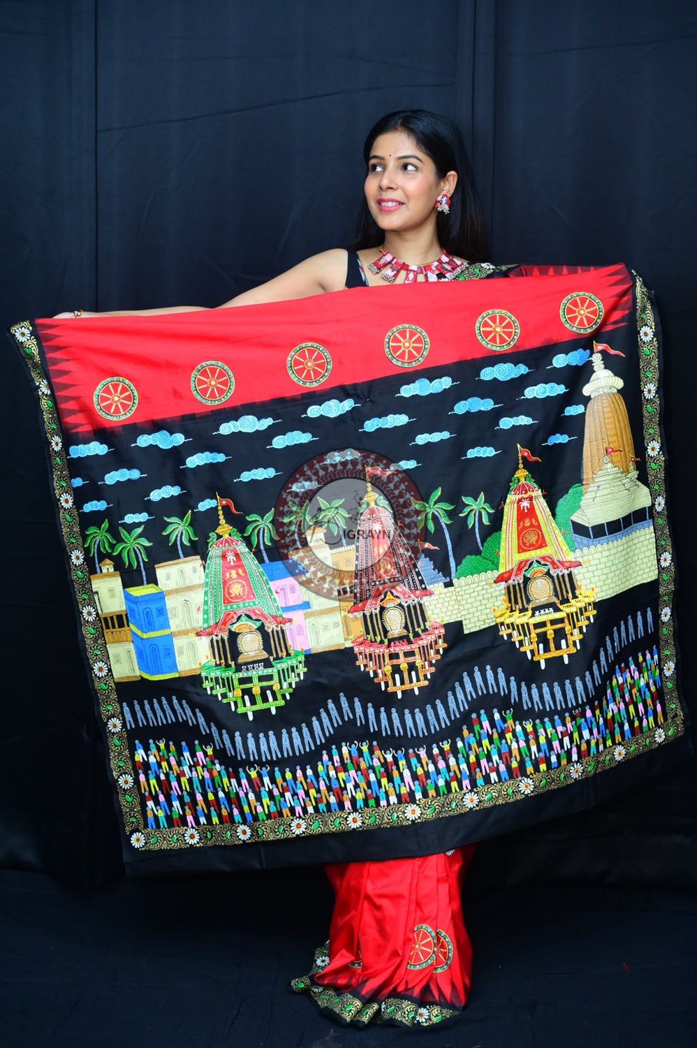 Red Black Rath Yatra Pattachitra Silk Saree