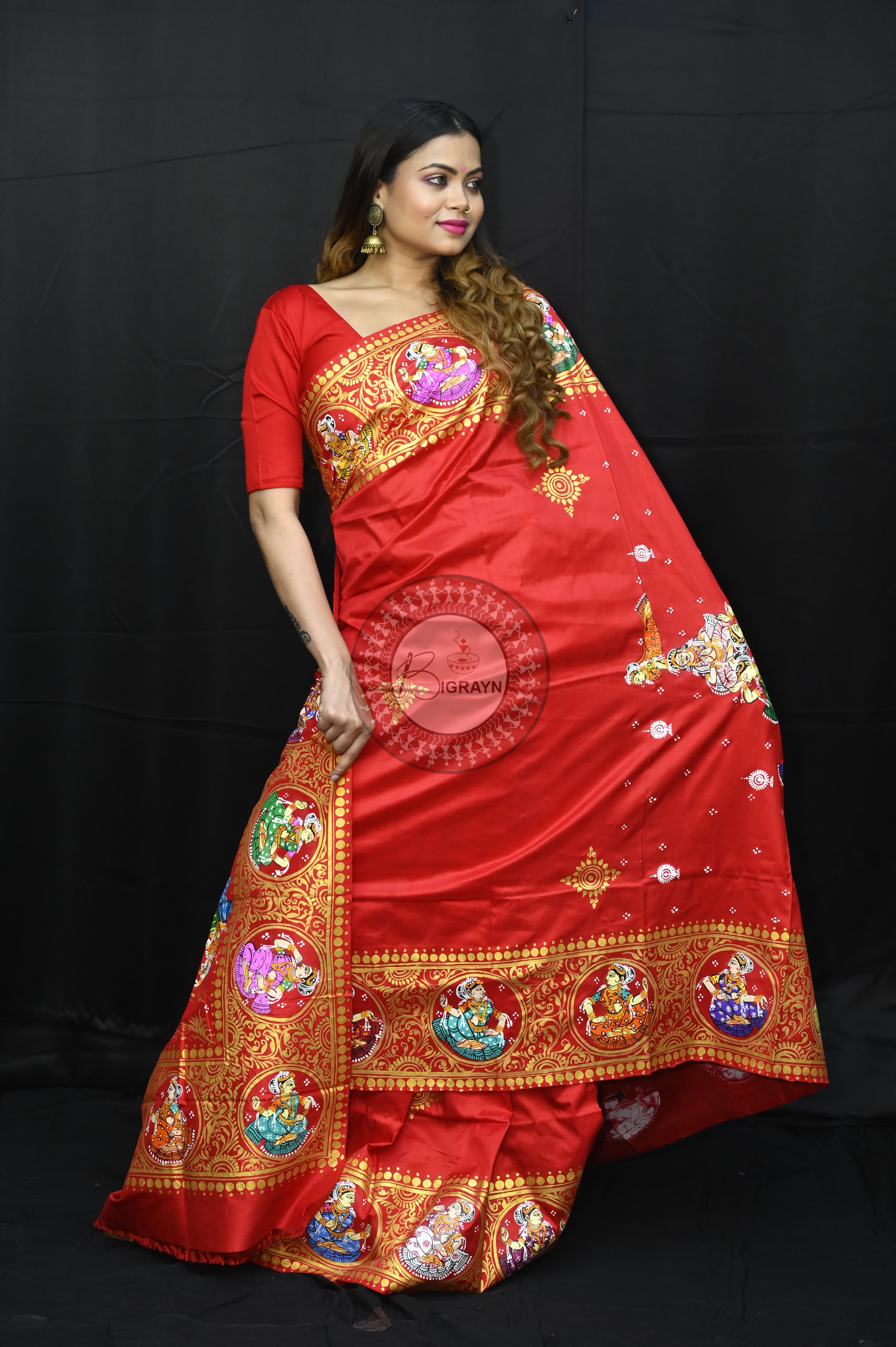 Red Kandarp Ratha Theme Pattachitra Sambalpuri Silk Saree