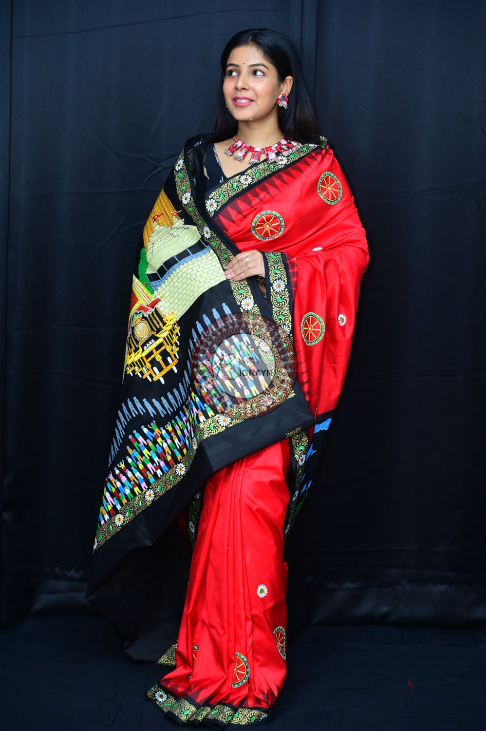 Red Black Rath Yatra Pattachitra Silk Saree