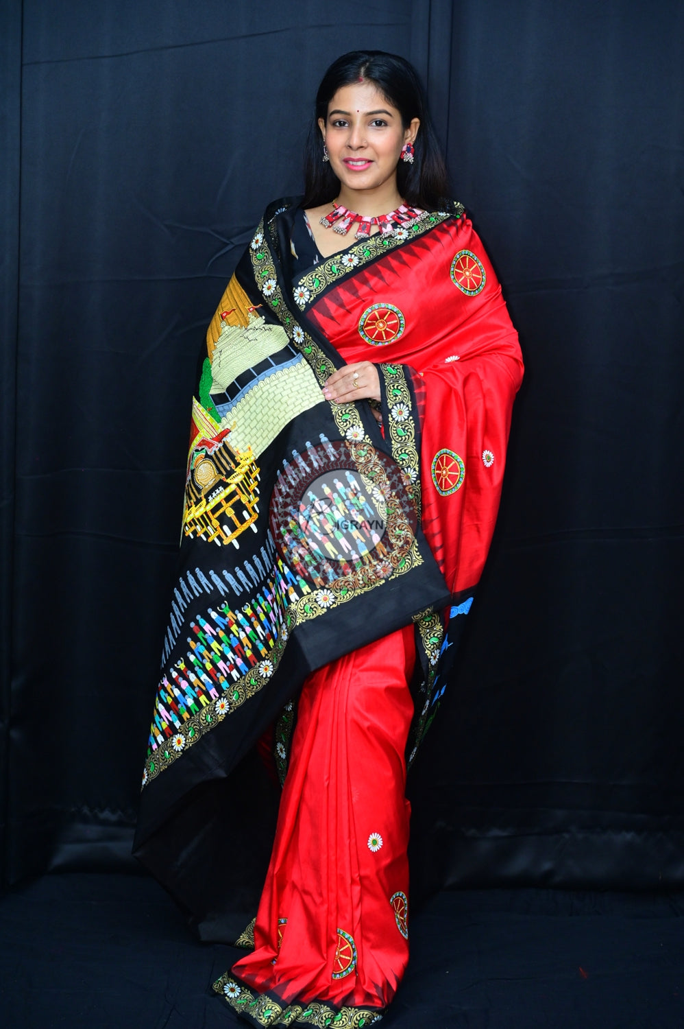Red Black Rath Yatra Pattachitra Silk Saree
