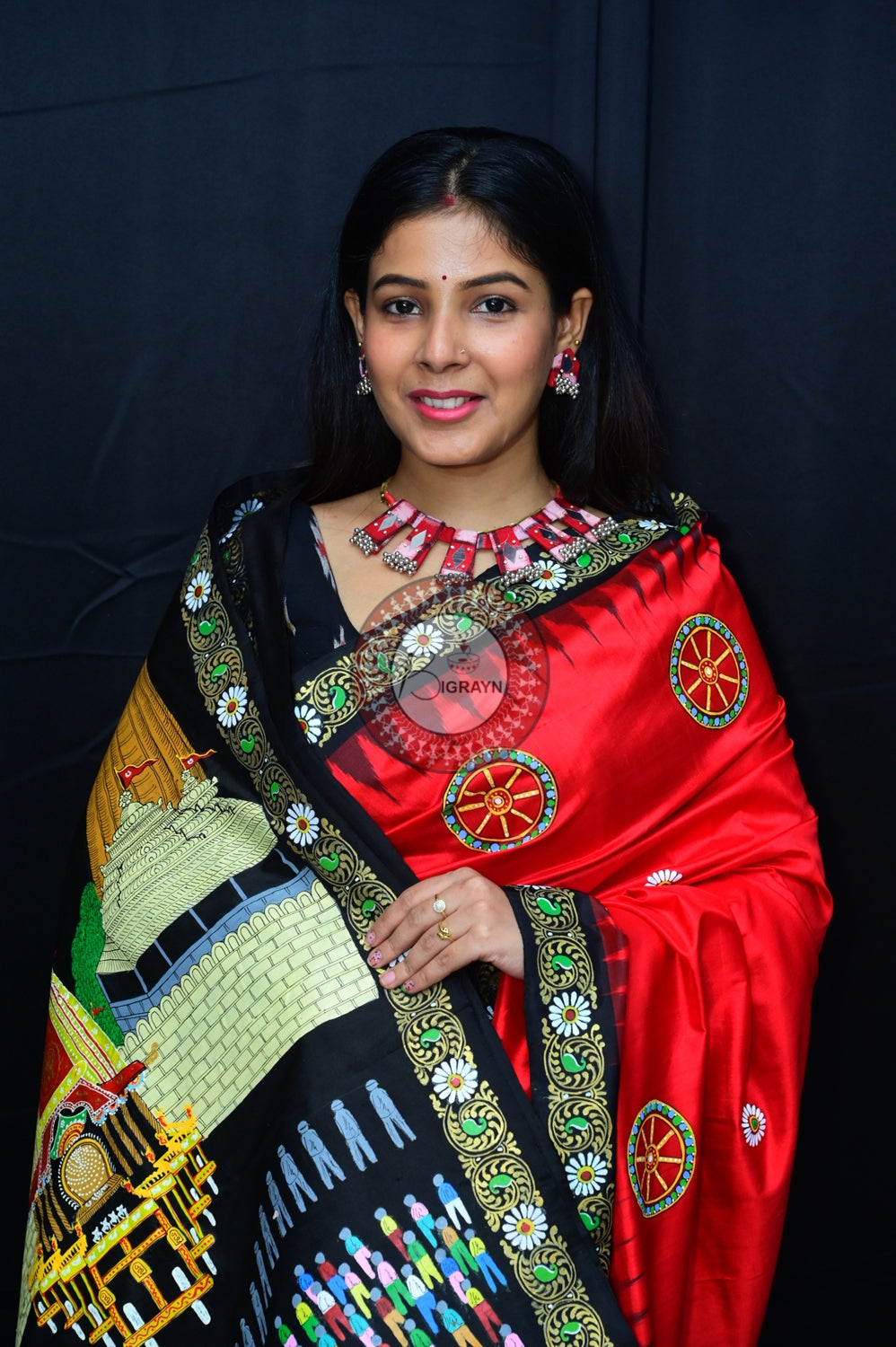 Red Black Rath Yatra Pattachitra Silk Saree