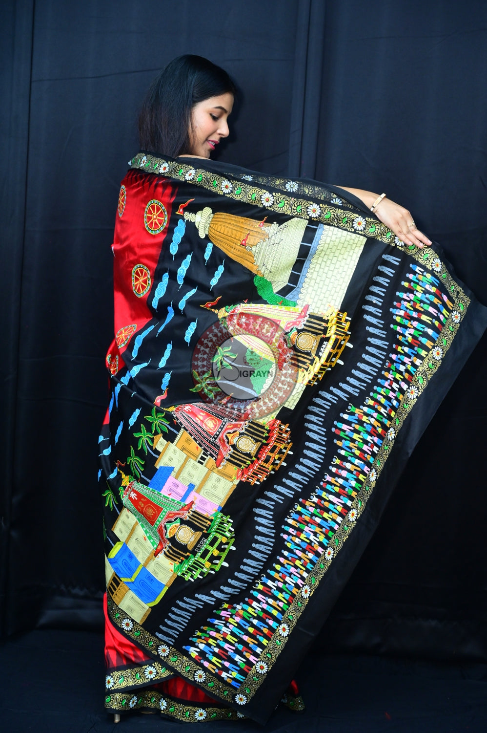 Red Black Rath Yatra Pattachitra Silk Saree