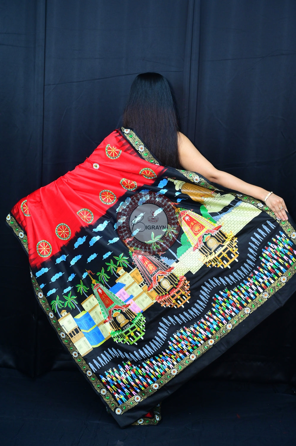 Red Black Rath Yatra Pattachitra Silk Saree