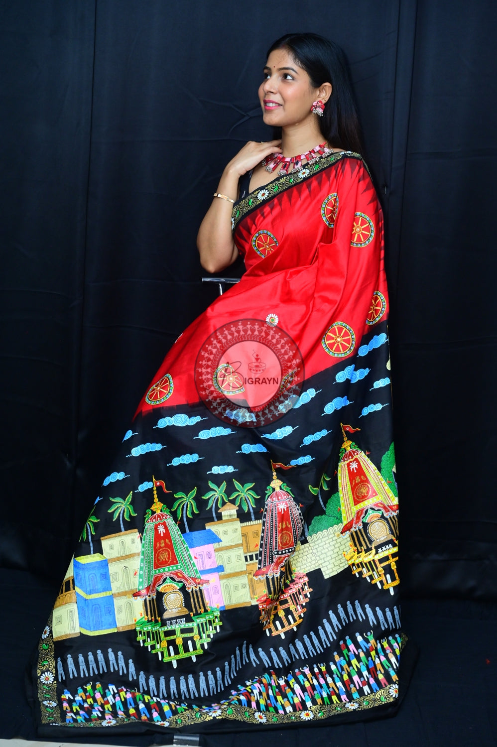 Red Black Rath Yatra Pattachitra Silk Saree
