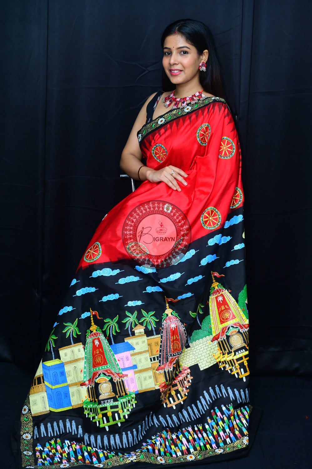 Red Black Rath Yatra Pattachitra Silk Saree