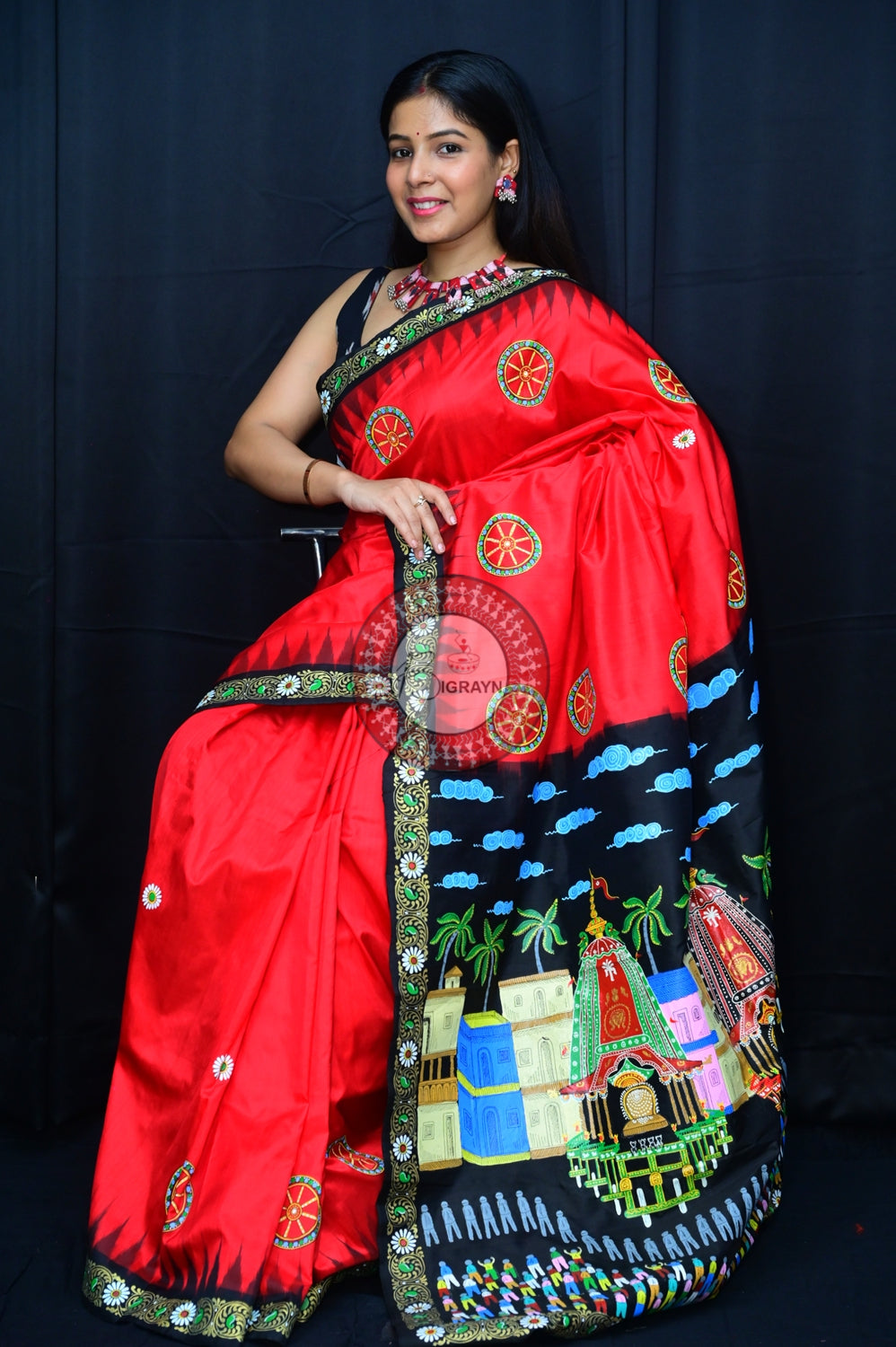 Red Black Rath Yatra Pattachitra Silk Saree