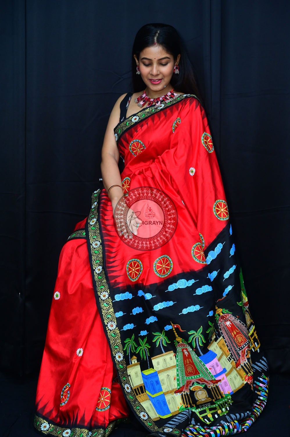 Red Black Rath Yatra Pattachitra Silk Saree