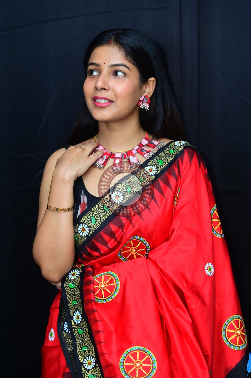 Red Black Rath Yatra Pattachitra Silk Saree