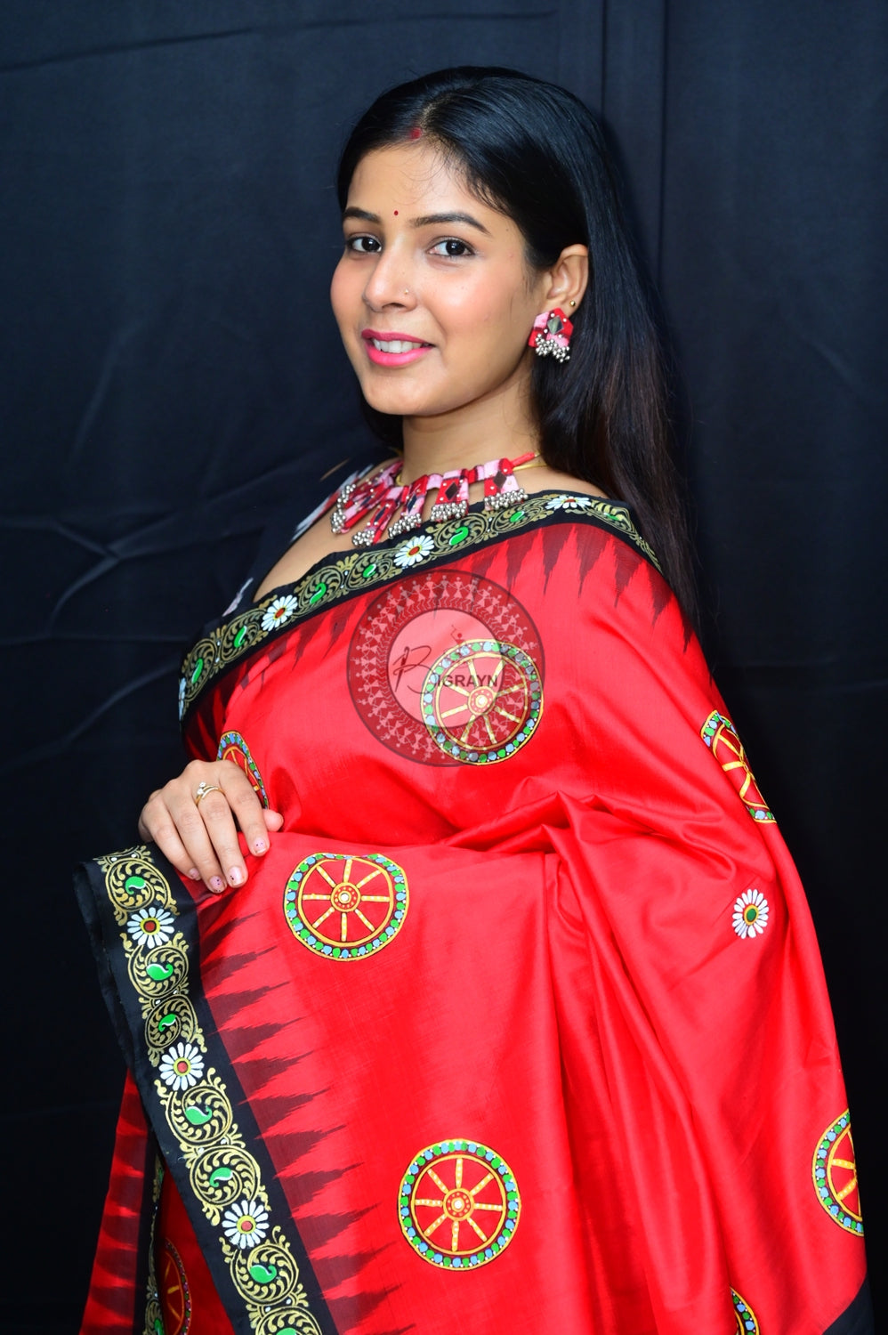 Red Black Rath Yatra Pattachitra Silk Saree