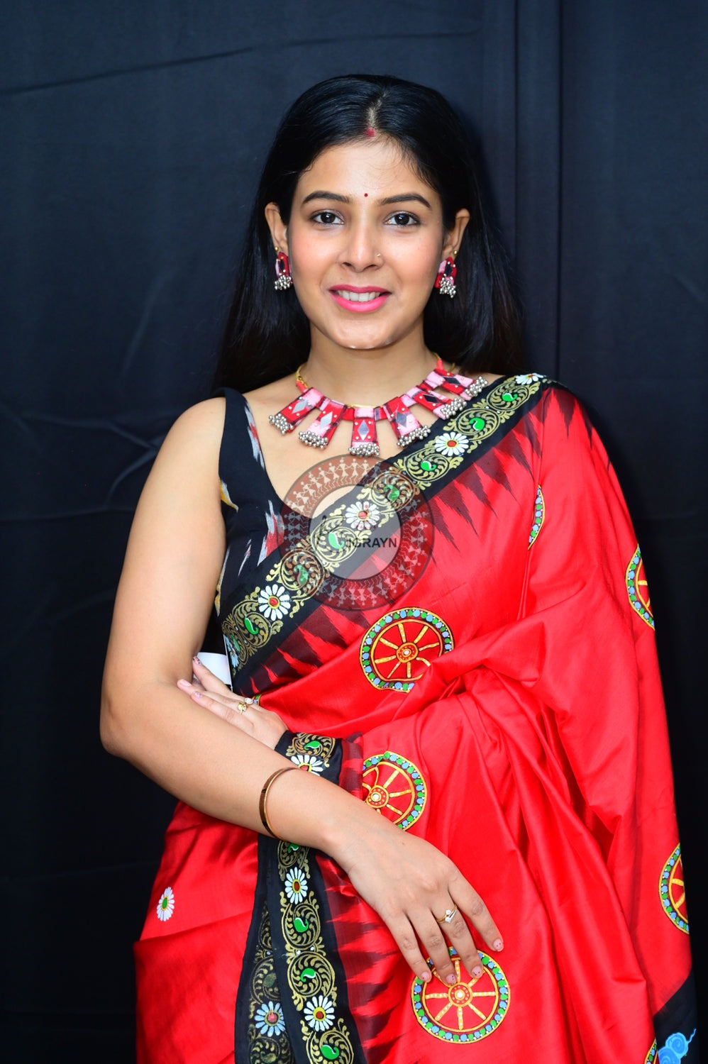 Red Black Rath Yatra Pattachitra Silk Saree
