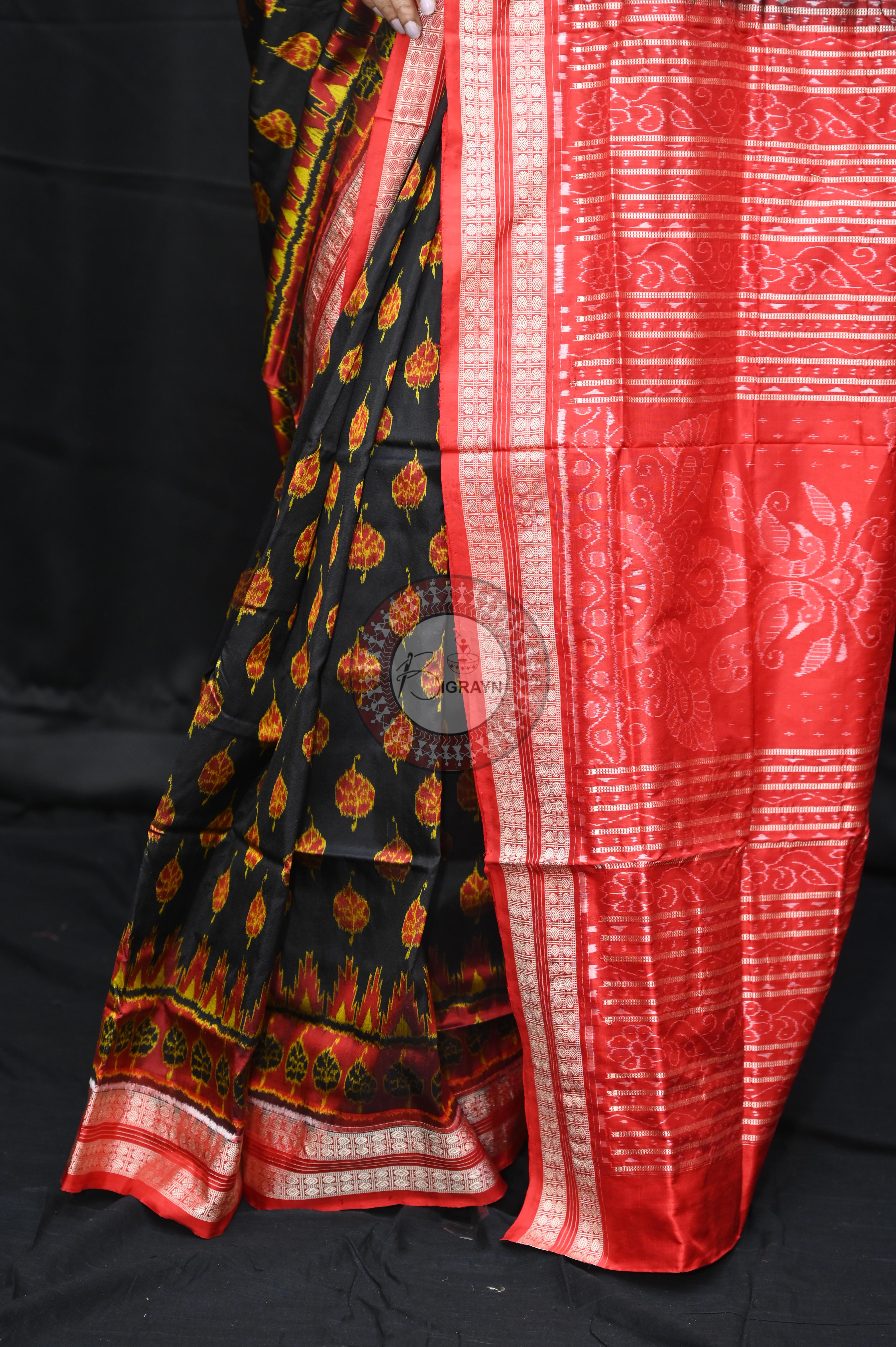 Black Red Peepal Leaves Sambalpuri Silk Saree
