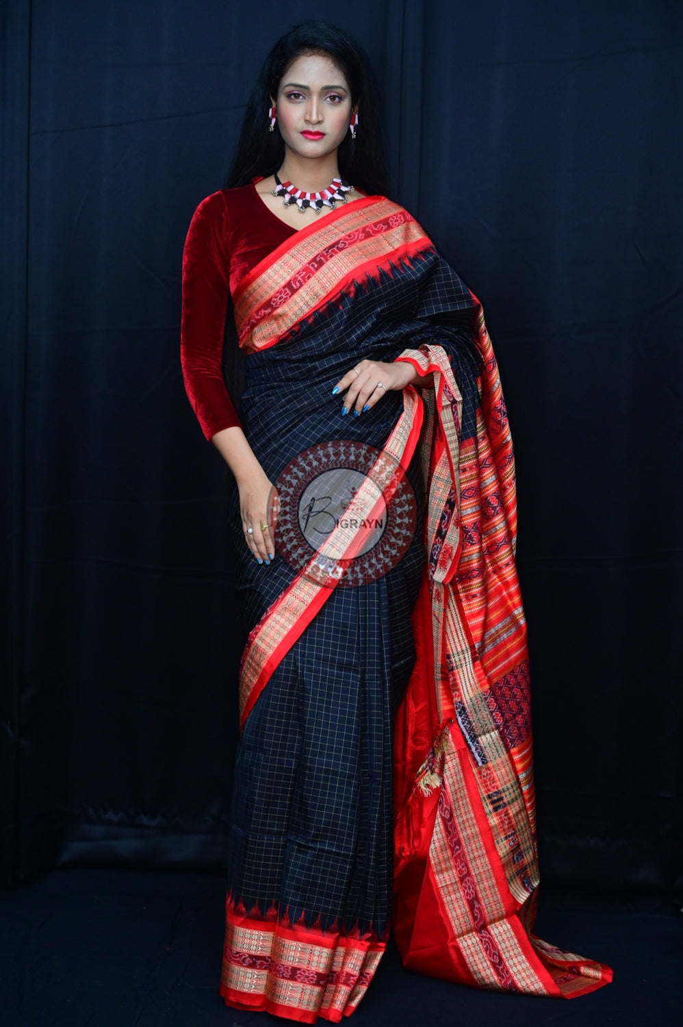 Black Red Sachipar Sambalpuri Silk Saree