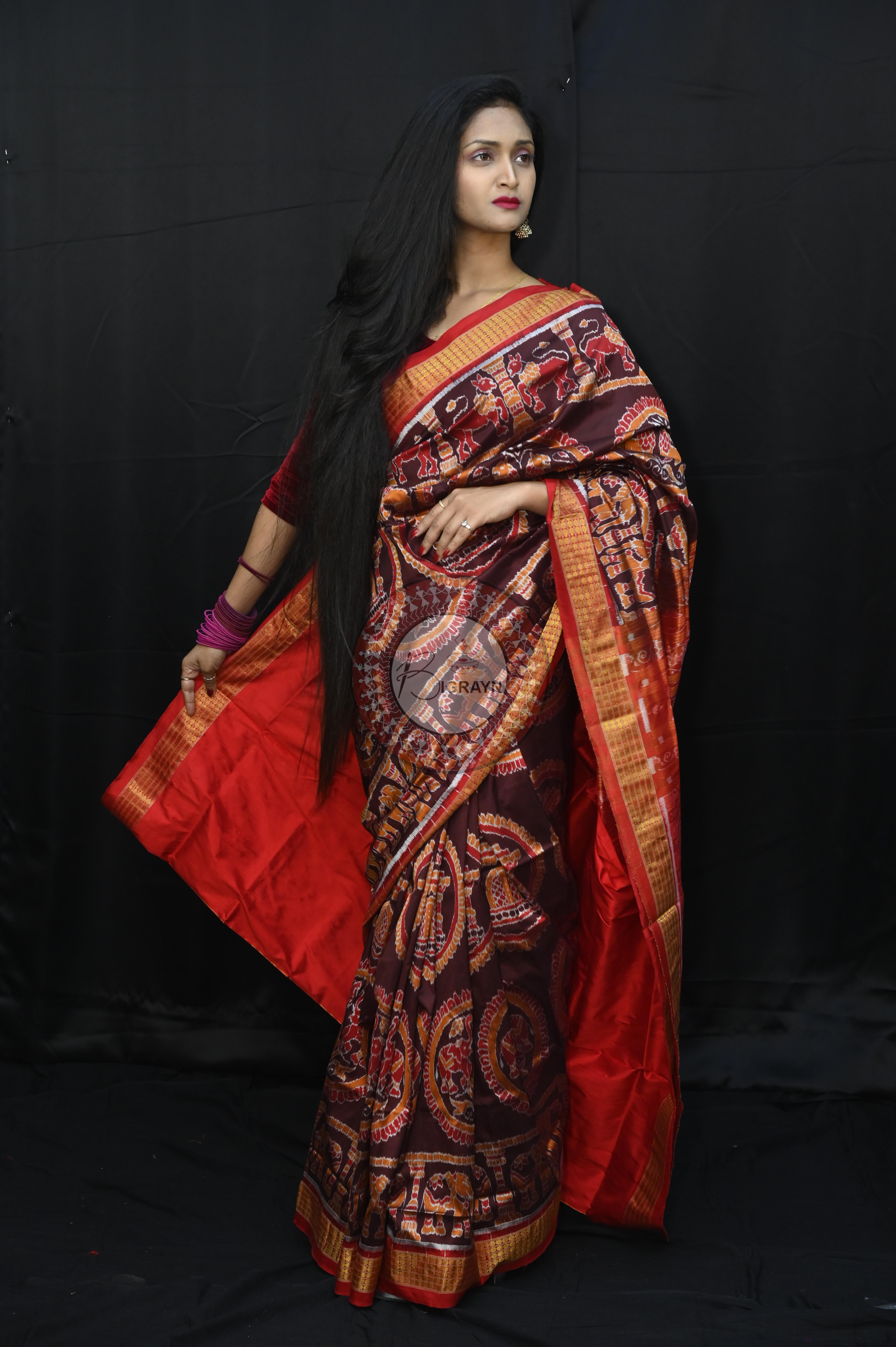 Red maroon animal half tissue Silk Saree
